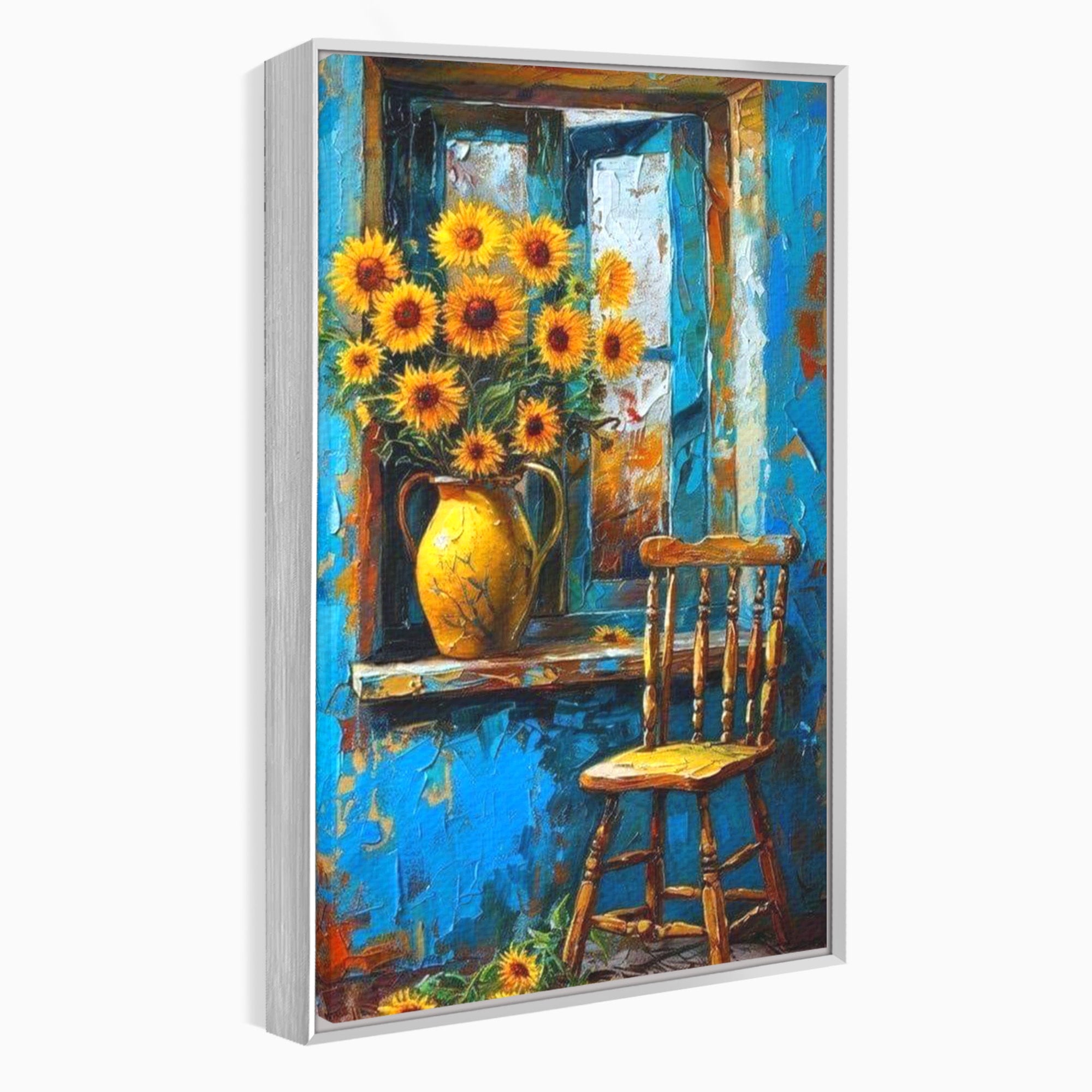 Tablou Canvas Premium LuxCanva® PI1295, Floarea Soarelui La Fereastra, Casa, Scaun, Natura, Rustic, Living, Culori Vibrante