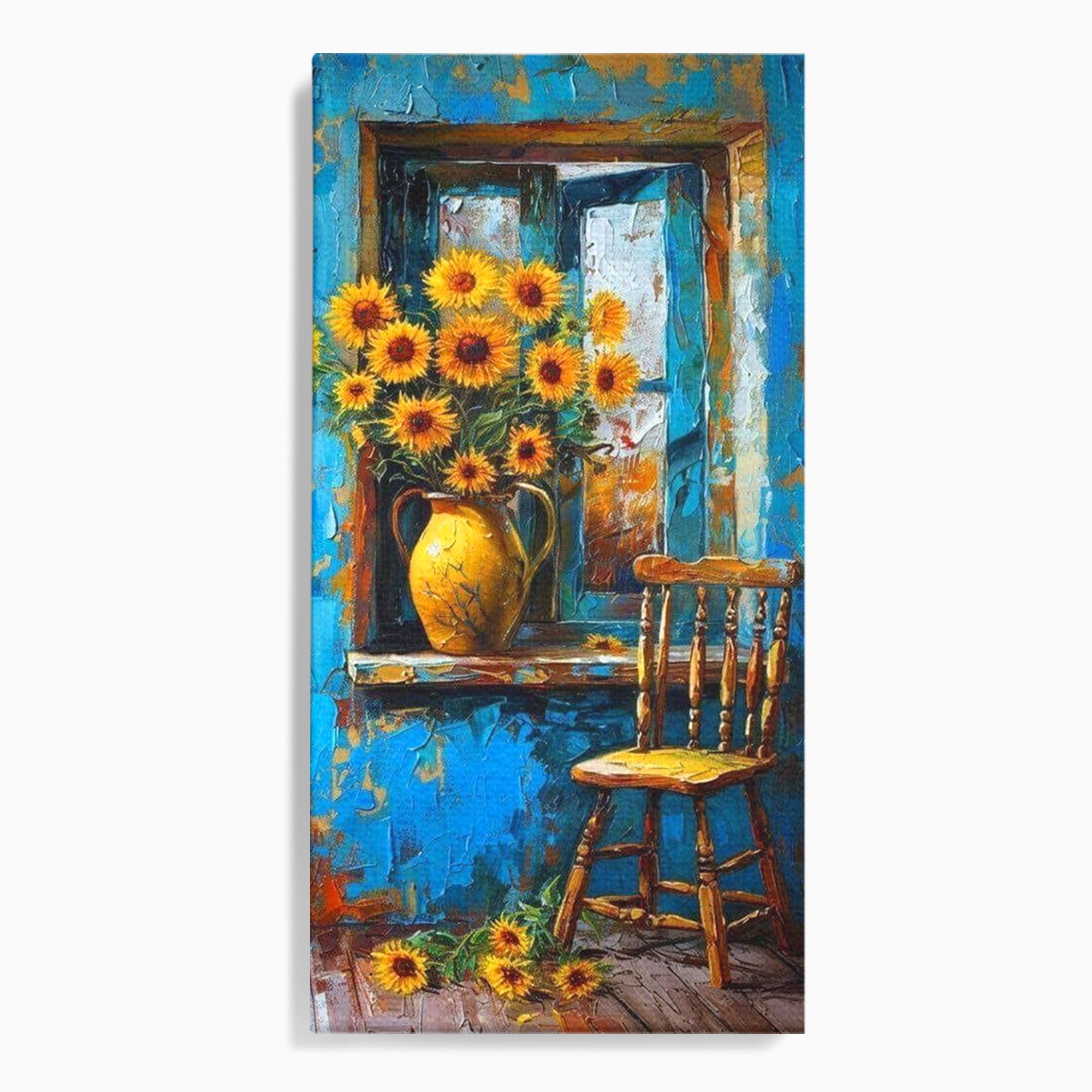 Tablou Canvas Premium LuxCanva® PI1295, Floarea Soarelui La Fereastra, Casa, Scaun, Natura, Rustic, Living, Culori Vibrante