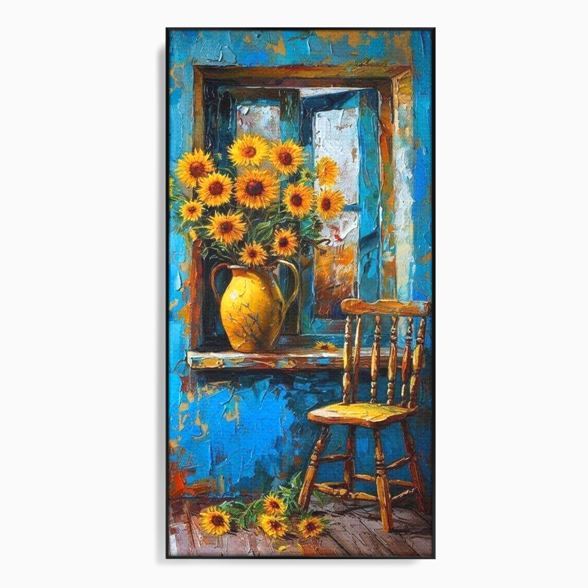 Tablou Canvas Premium LuxCanva® PI1295, Floarea Soarelui La Fereastra, Casa, Scaun, Natura, Rustic, Living, Culori Vibrante