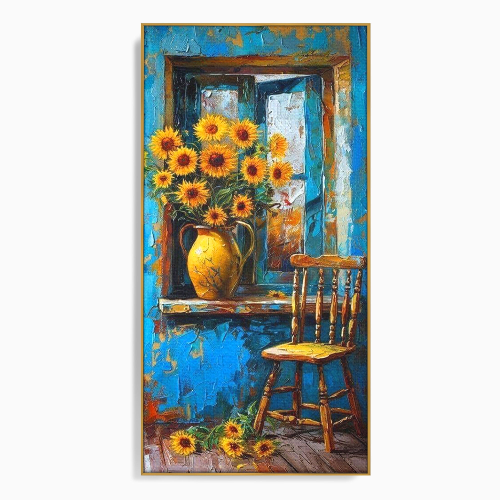 Tablou Canvas Premium LuxCanva® PI1295, Floarea Soarelui La Fereastra, Casa, Scaun, Natura, Rustic, Living, Culori Vibrante