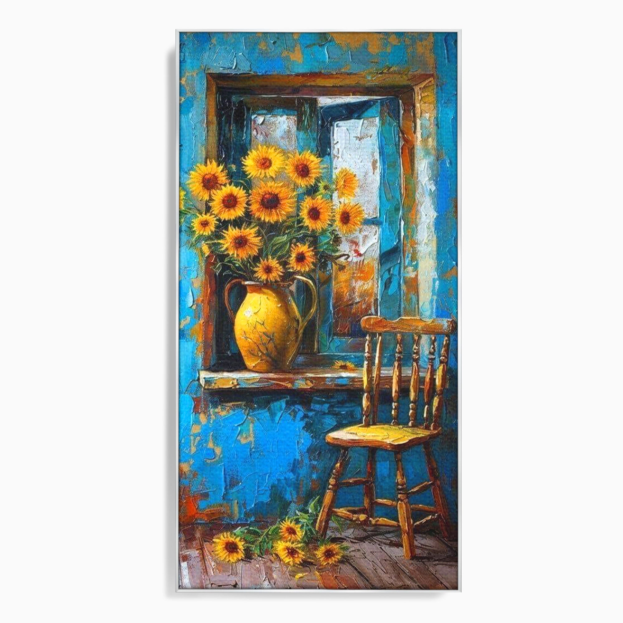 Tablou Canvas Premium LuxCanva® PI1295, Floarea Soarelui La Fereastra, Casa, Scaun, Natura, Rustic, Living, Culori Vibrante