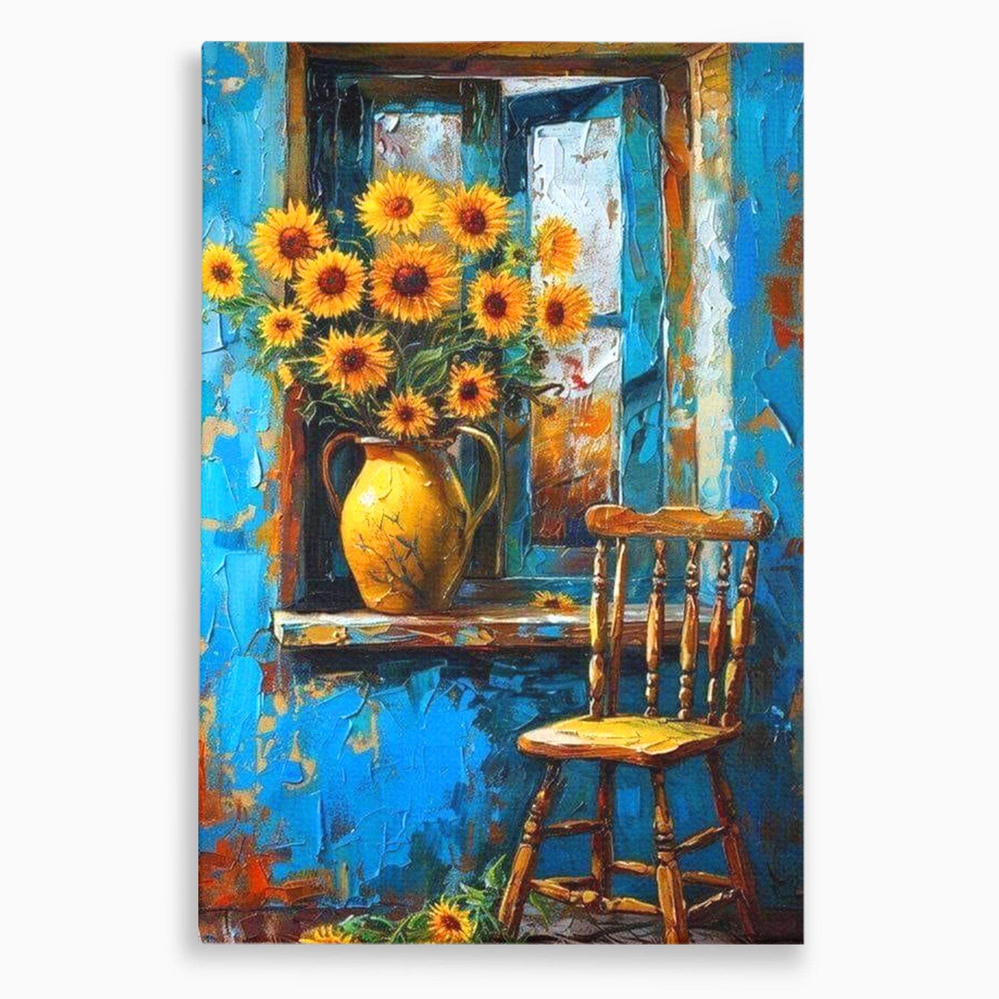 Tablou Canvas Premium LuxCanva® PI1295, Floarea Soarelui La Fereastra, Casa, Scaun, Natura, Rustic, Living, Culori Vibrante