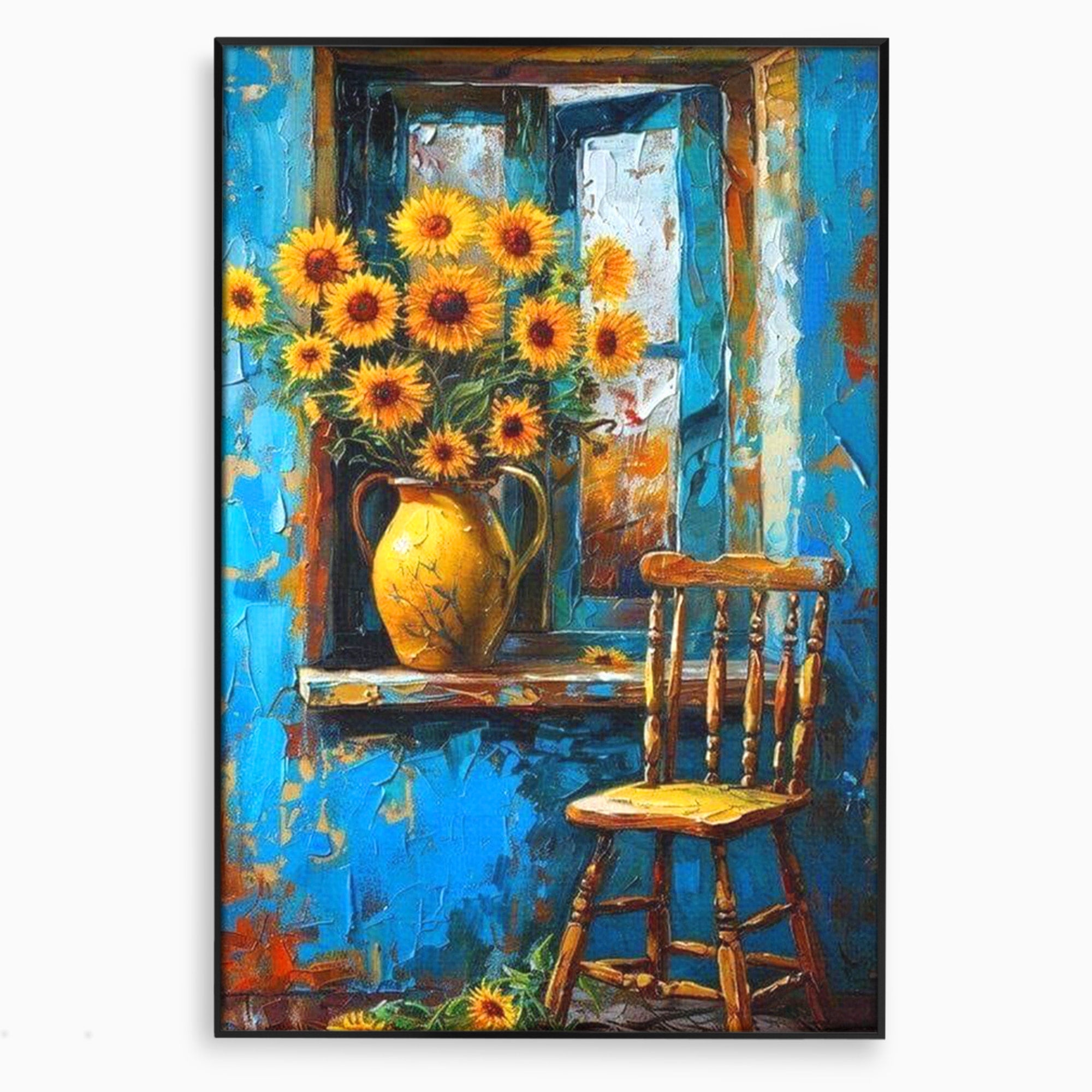 Tablou Canvas Premium LuxCanva® PI1295, Floarea Soarelui La Fereastra, Casa, Scaun, Natura, Rustic, Living, Culori Vibrante