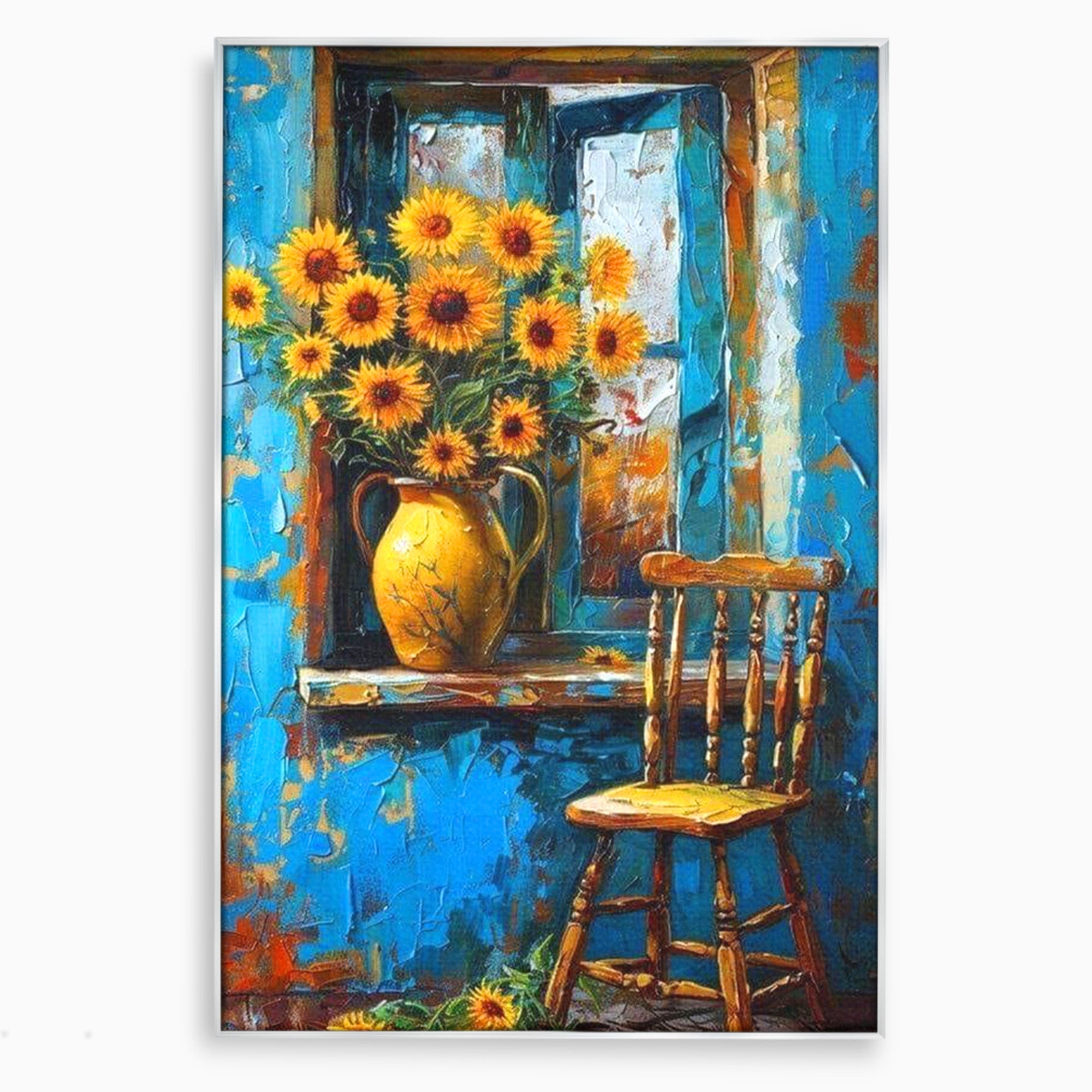 Tablou Canvas Premium LuxCanva® PI1295, Floarea Soarelui La Fereastra, Casa, Scaun, Natura, Rustic, Living, Culori Vibrante