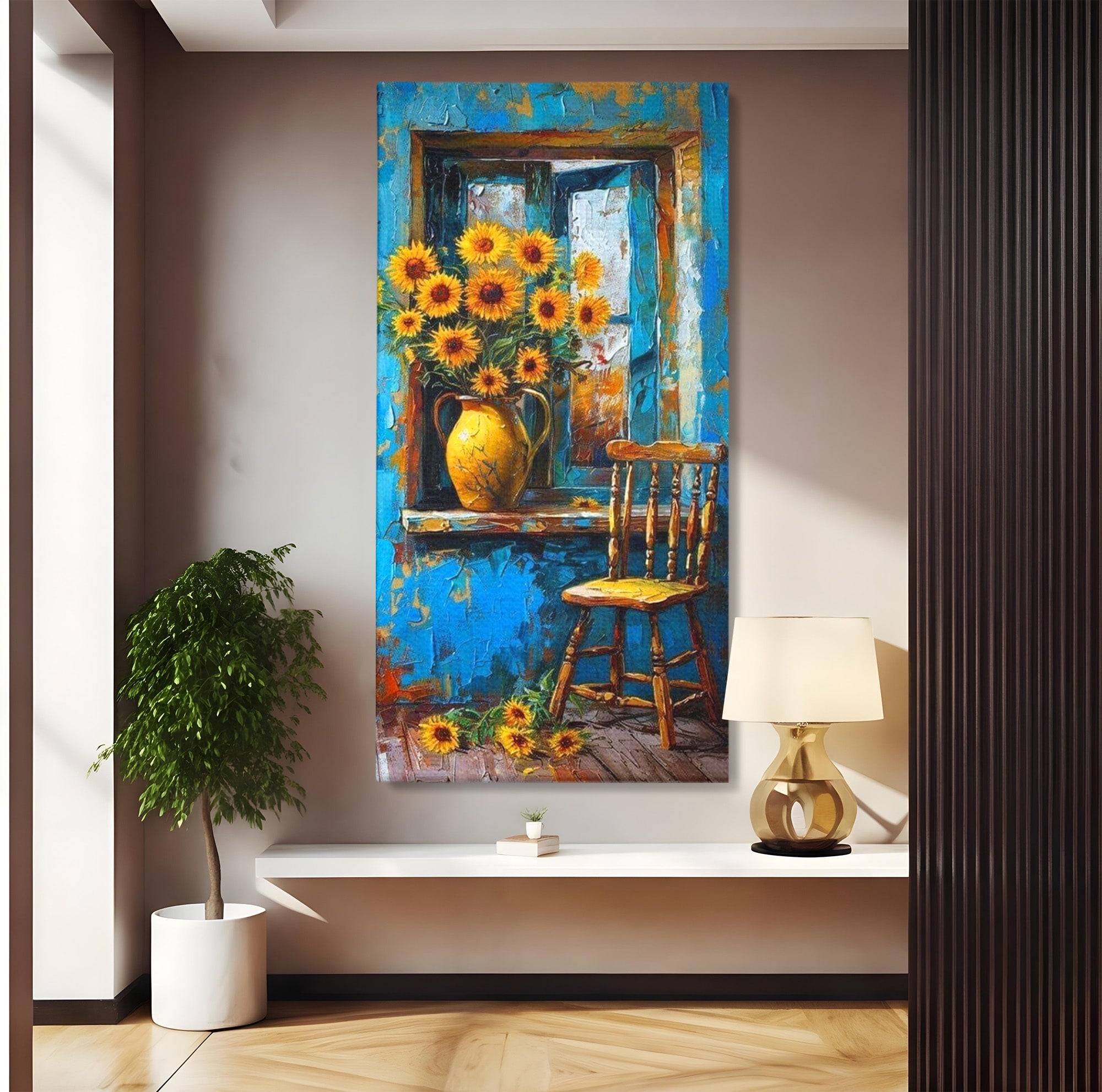 Tablou Canvas Premium LuxCanva® PI1295, Floarea Soarelui La Fereastra, Casa, Scaun, Natura, Rustic, Living, Culori Vibrante