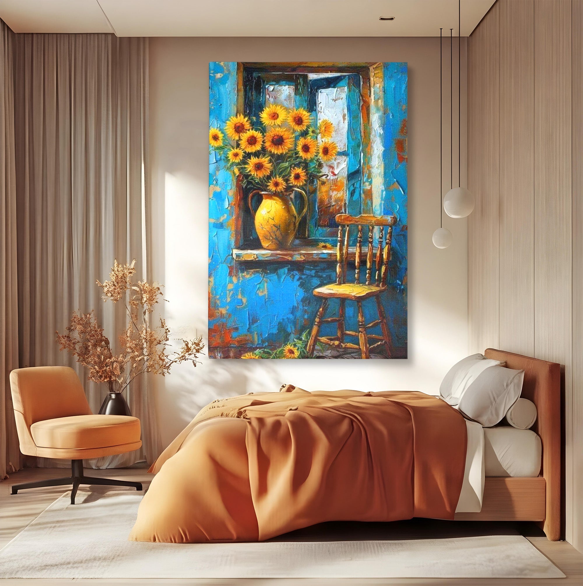Tablou Canvas Premium LuxCanva® PI1295, Floarea Soarelui La Fereastra, Casa, Scaun, Natura, Rustic, Living, Culori Vibrante