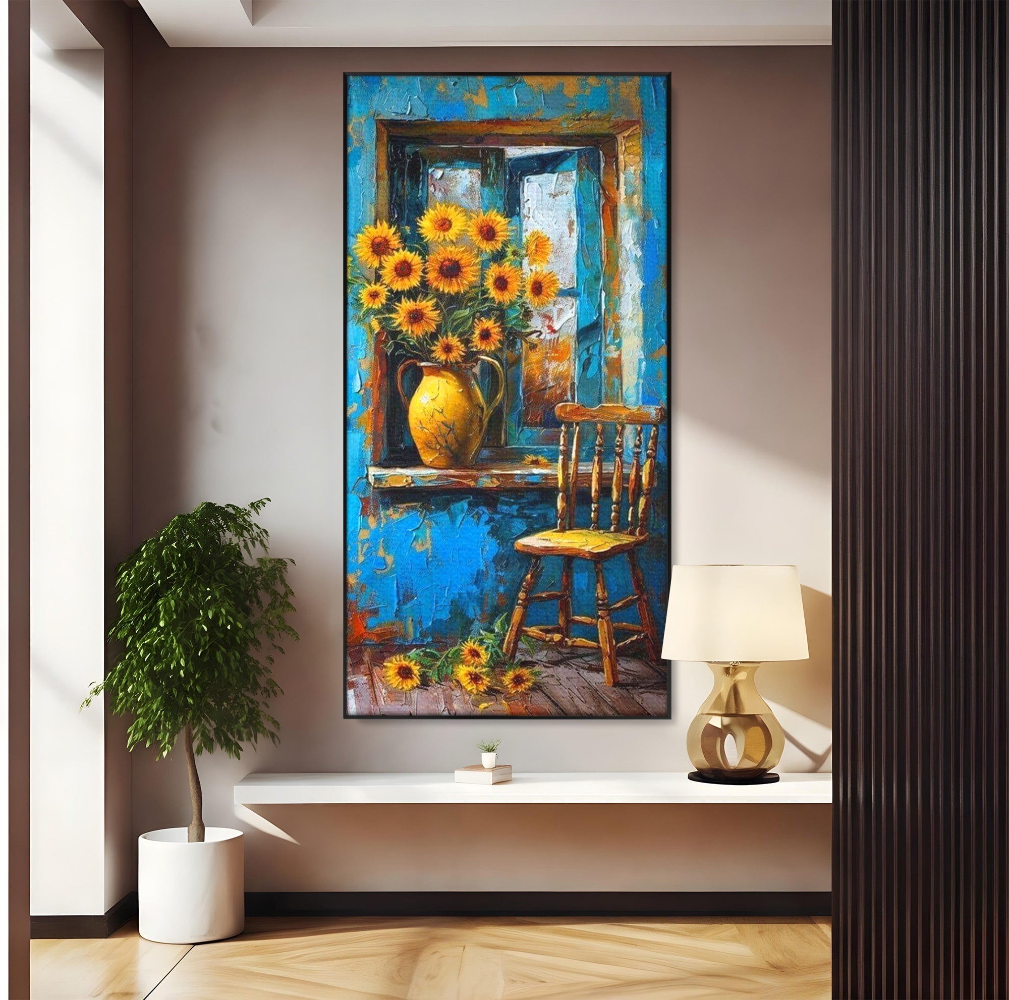 Tablou Canvas Premium LuxCanva® PI1295, Floarea Soarelui La Fereastra, Casa, Scaun, Natura, Rustic, Living, Culori Vibrante