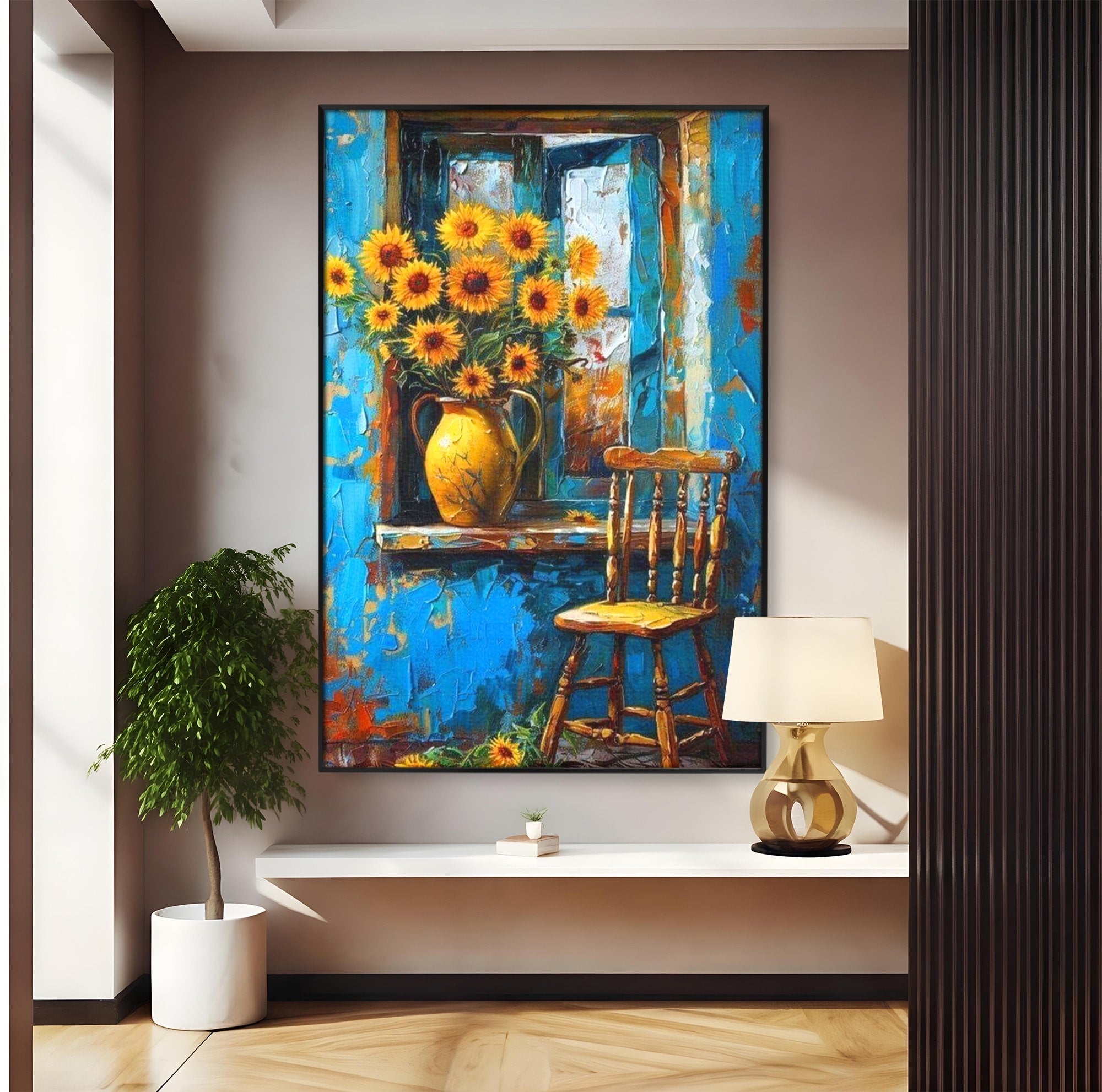 Tablou Canvas Premium LuxCanva® PI1295, Floarea Soarelui La Fereastra, Casa, Scaun, Natura, Rustic, Living, Culori Vibrante