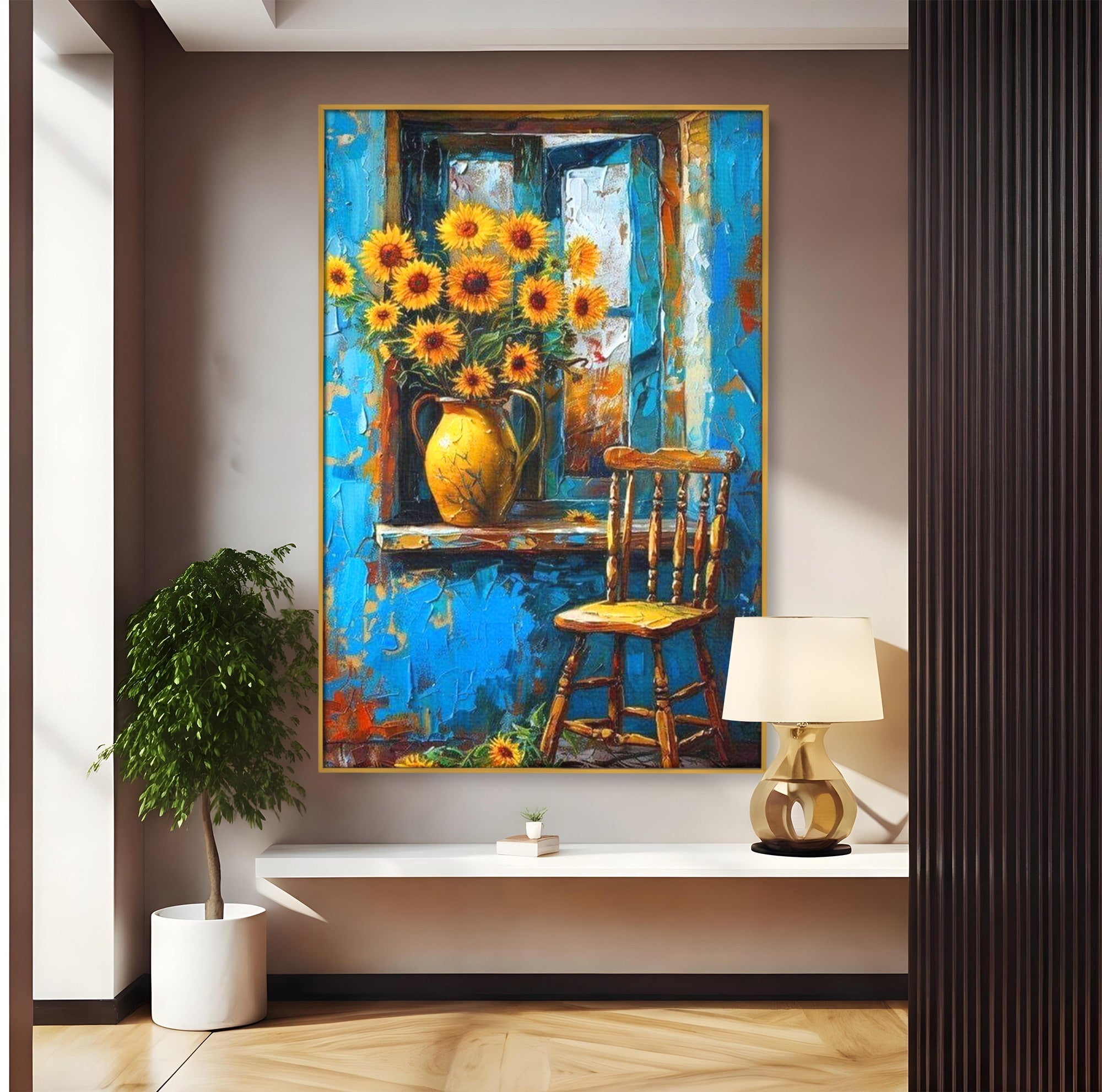 Tablou Canvas Premium LuxCanva® PI1295, Floarea Soarelui La Fereastra, Casa, Scaun, Natura, Rustic, Living, Culori Vibrante