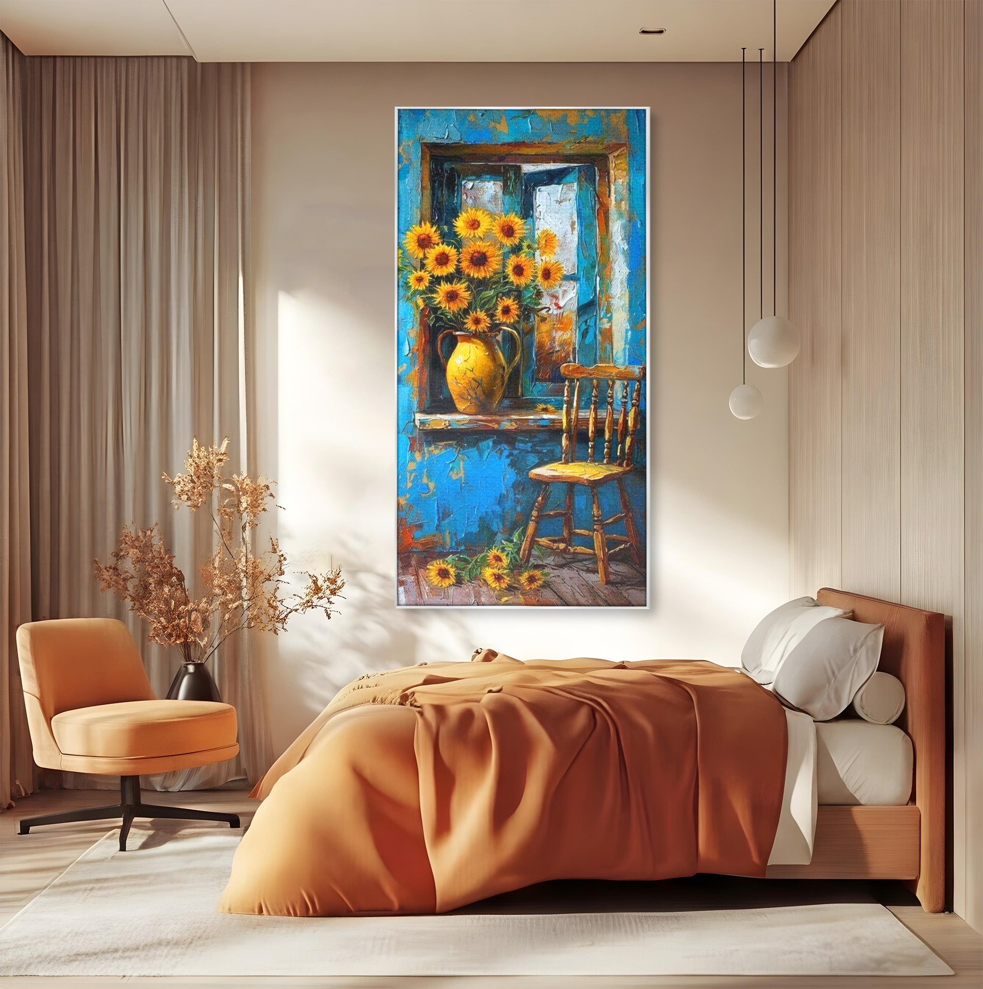 Tablou Canvas Premium LuxCanva® PI1295, Floarea Soarelui La Fereastra, Casa, Scaun, Natura, Rustic, Living, Culori Vibrante