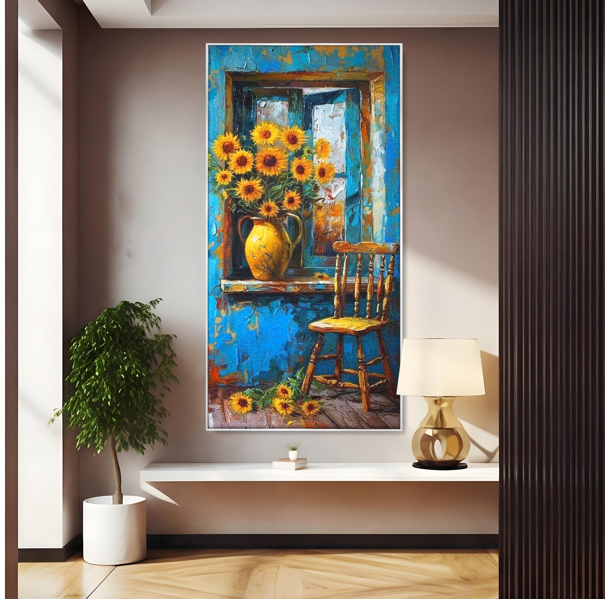 Tablou Canvas Premium LuxCanva® PI1295, Floarea Soarelui La Fereastra, Casa, Scaun, Natura, Rustic, Living, Culori Vibrante