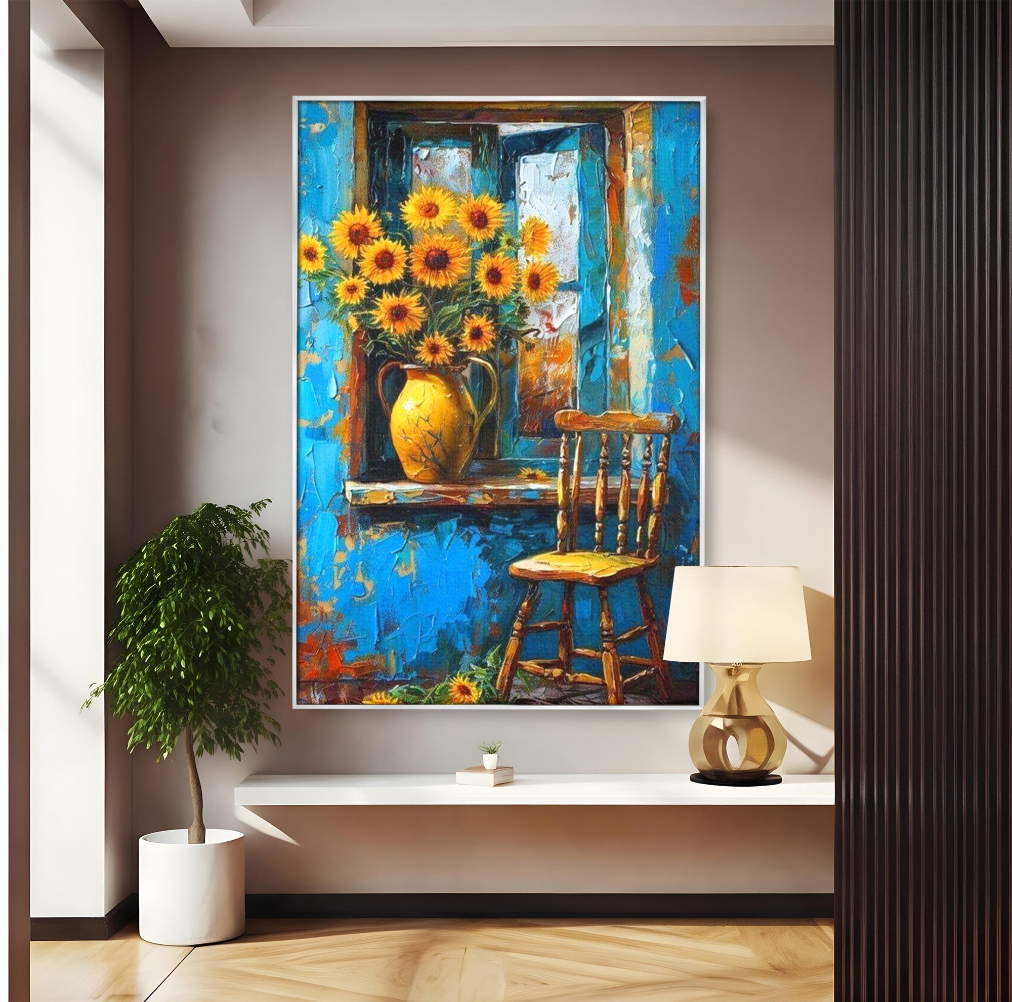 Tablou Canvas Premium LuxCanva® PI1295, Floarea Soarelui La Fereastra, Casa, Scaun, Natura, Rustic, Living, Culori Vibrante