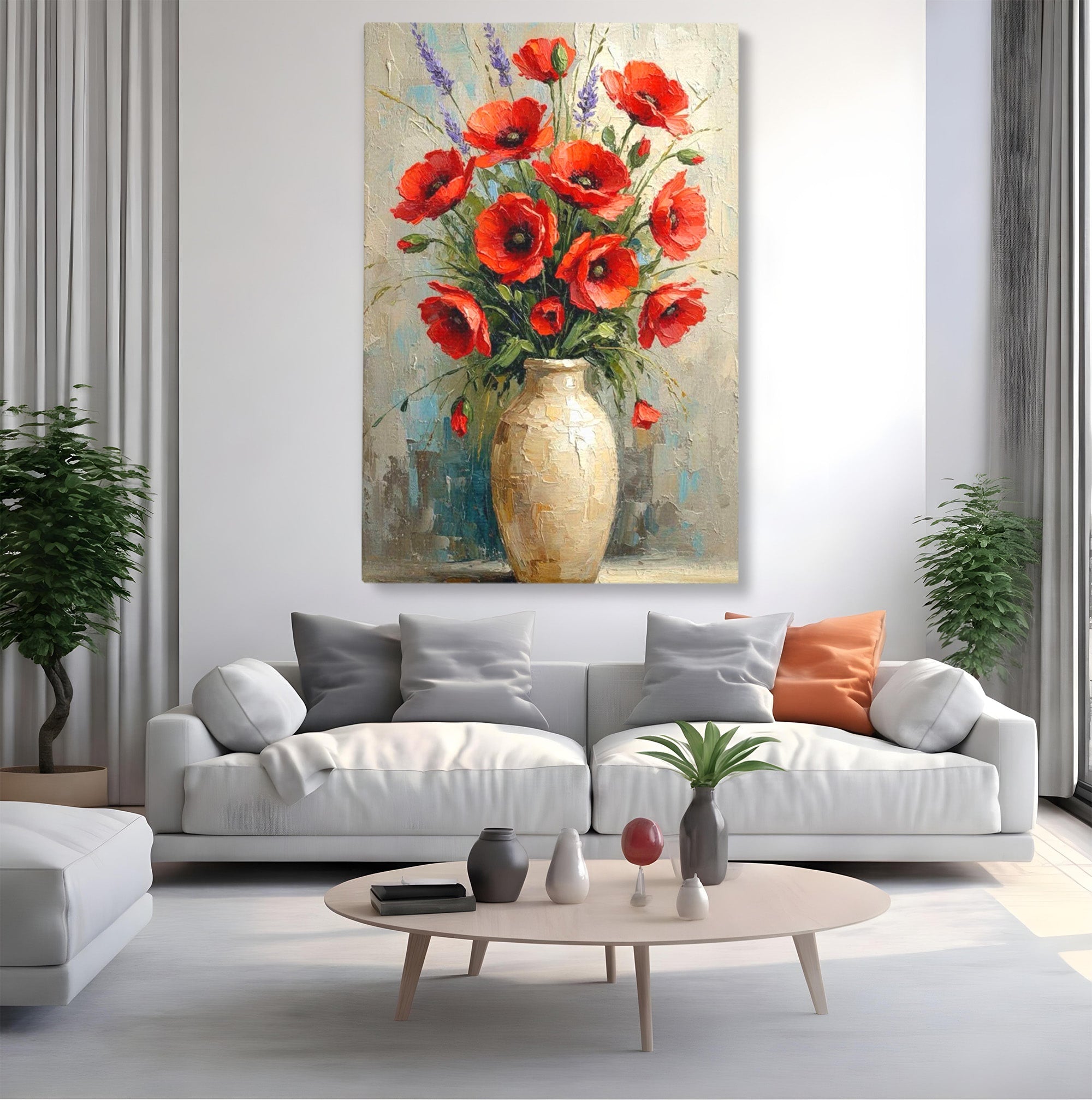 Tablou Canvas Premium LuxCanva® PI1296, Vaza Cu Maci Rosii, Planta, Flori, Vaza, Living, Dormitor, Culori Vibrante