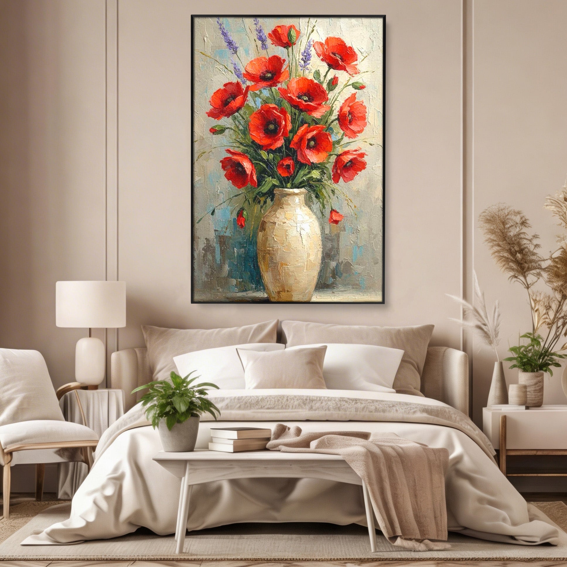 Tablou Canvas Premium LuxCanva® PI1296, Vaza Cu Maci Rosii, Planta, Flori, Vaza, Living, Dormitor, Culori Vibrante