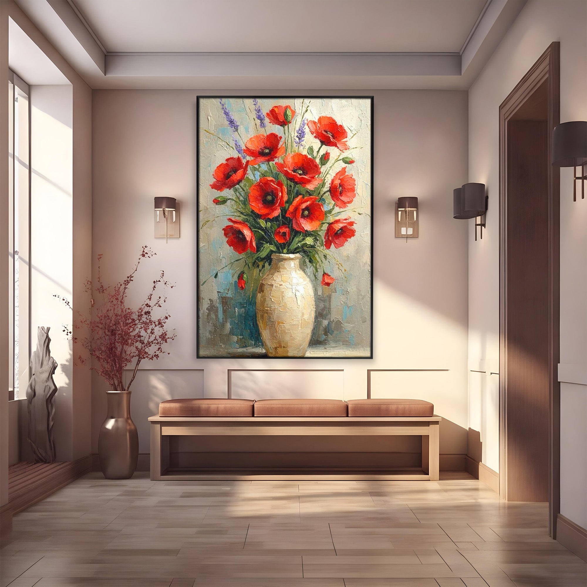 Tablou Canvas Premium LuxCanva® PI1296, Vaza Cu Maci Rosii, Planta, Flori, Vaza, Living, Dormitor, Culori Vibrante