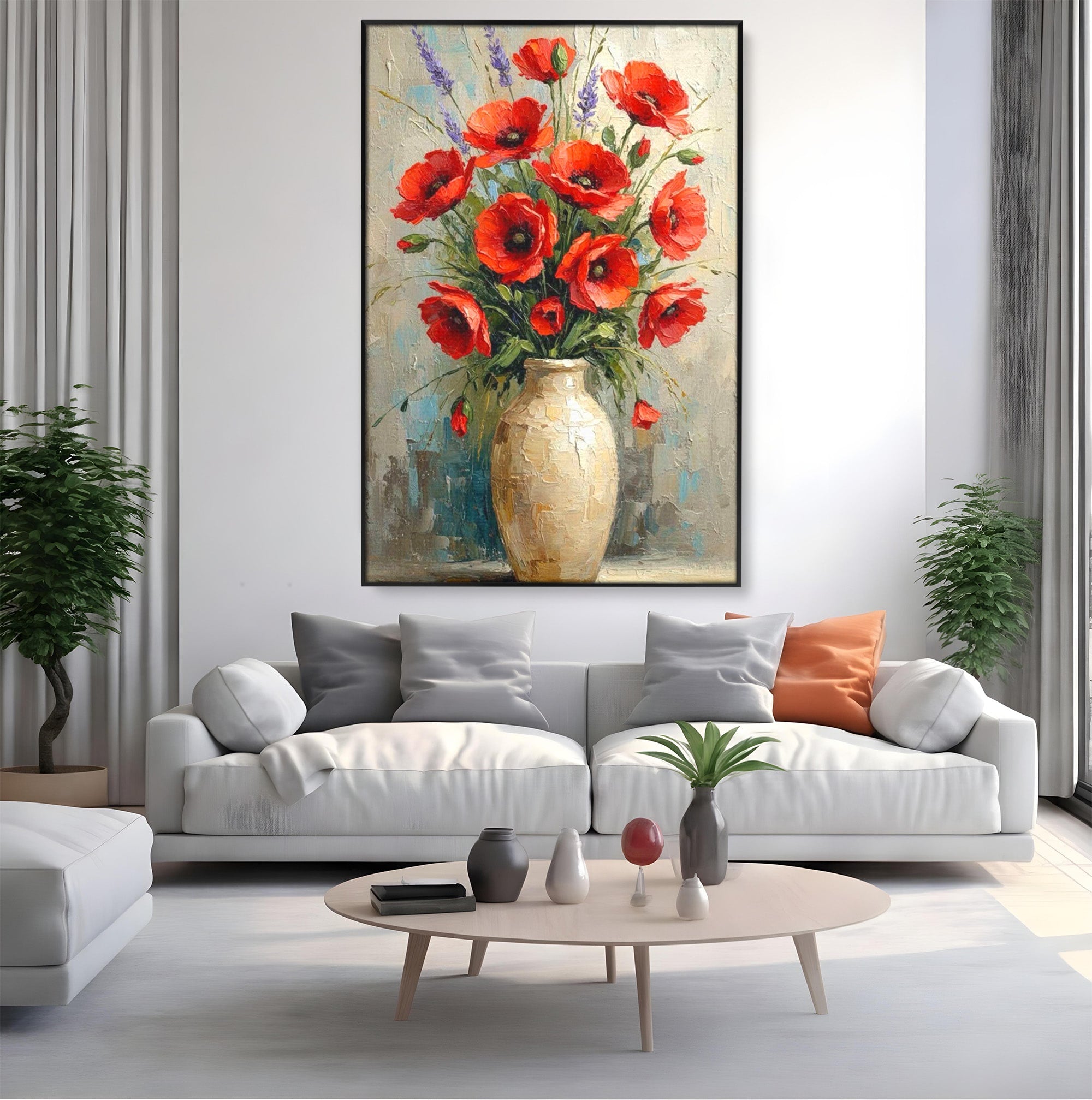 Tablou Canvas Premium LuxCanva® PI1296, Vaza Cu Maci Rosii, Planta, Flori, Vaza, Living, Dormitor, Culori Vibrante
