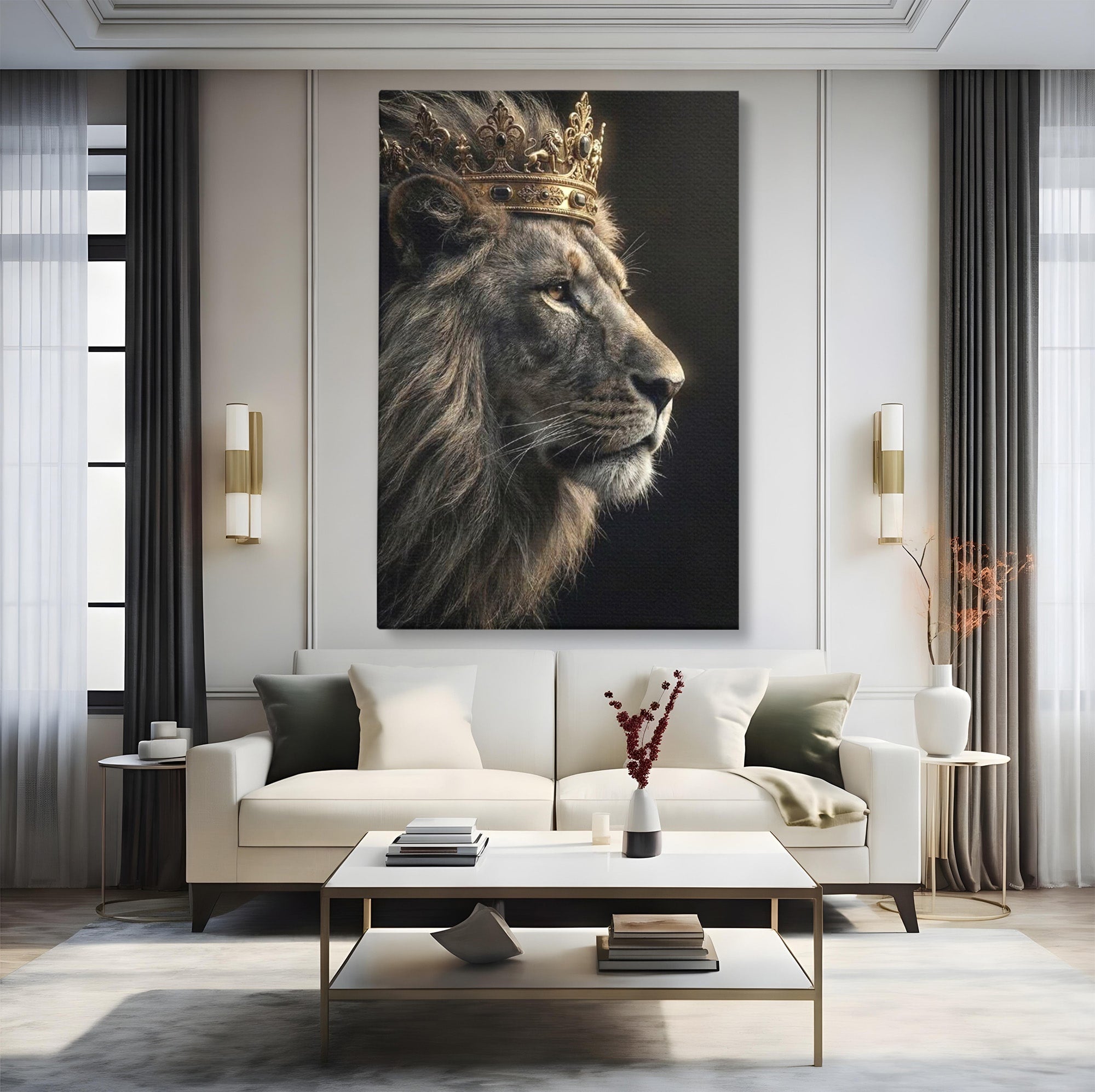 Tablou Canvas Premium LuxCanva® PI1298, Privirea Regala a Leului, Privire, Regal, Coroana, Dormitor, Birou, Culori Vibrante