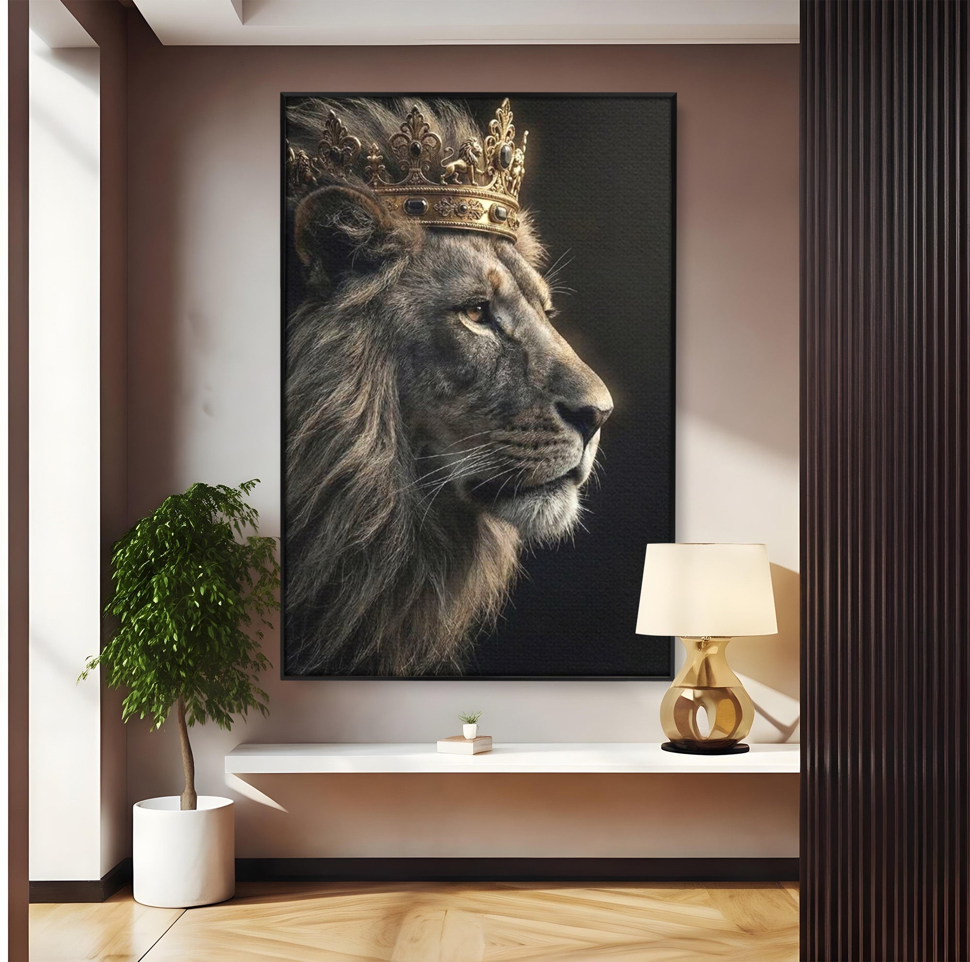 Tablou Canvas Premium LuxCanva® PI1298, Privirea Regala a Leului, Privire, Regal, Coroana, Dormitor, Birou, Culori Vibrante