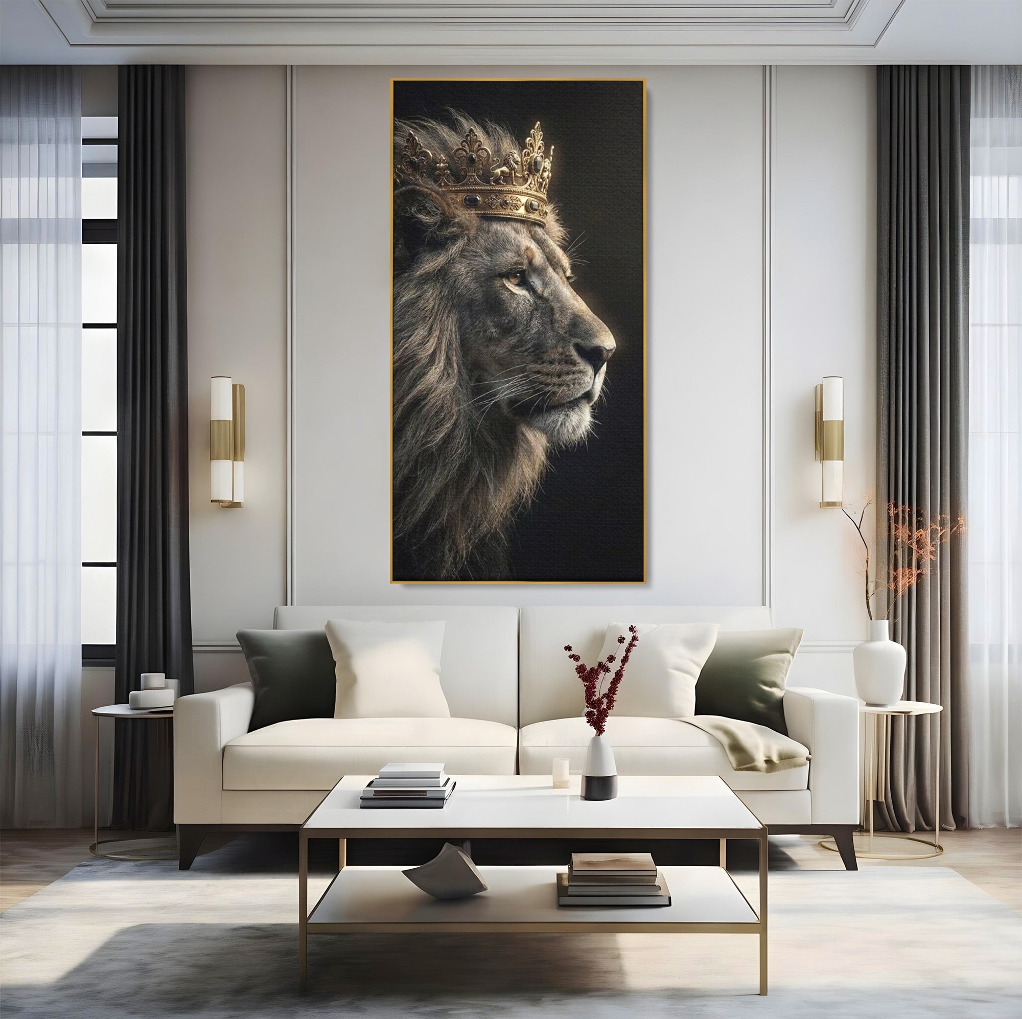 Tablou Canvas Premium LuxCanva® PI1298, Privirea Regala a Leului, Privire, Regal, Coroana, Dormitor, Birou, Culori Vibrante