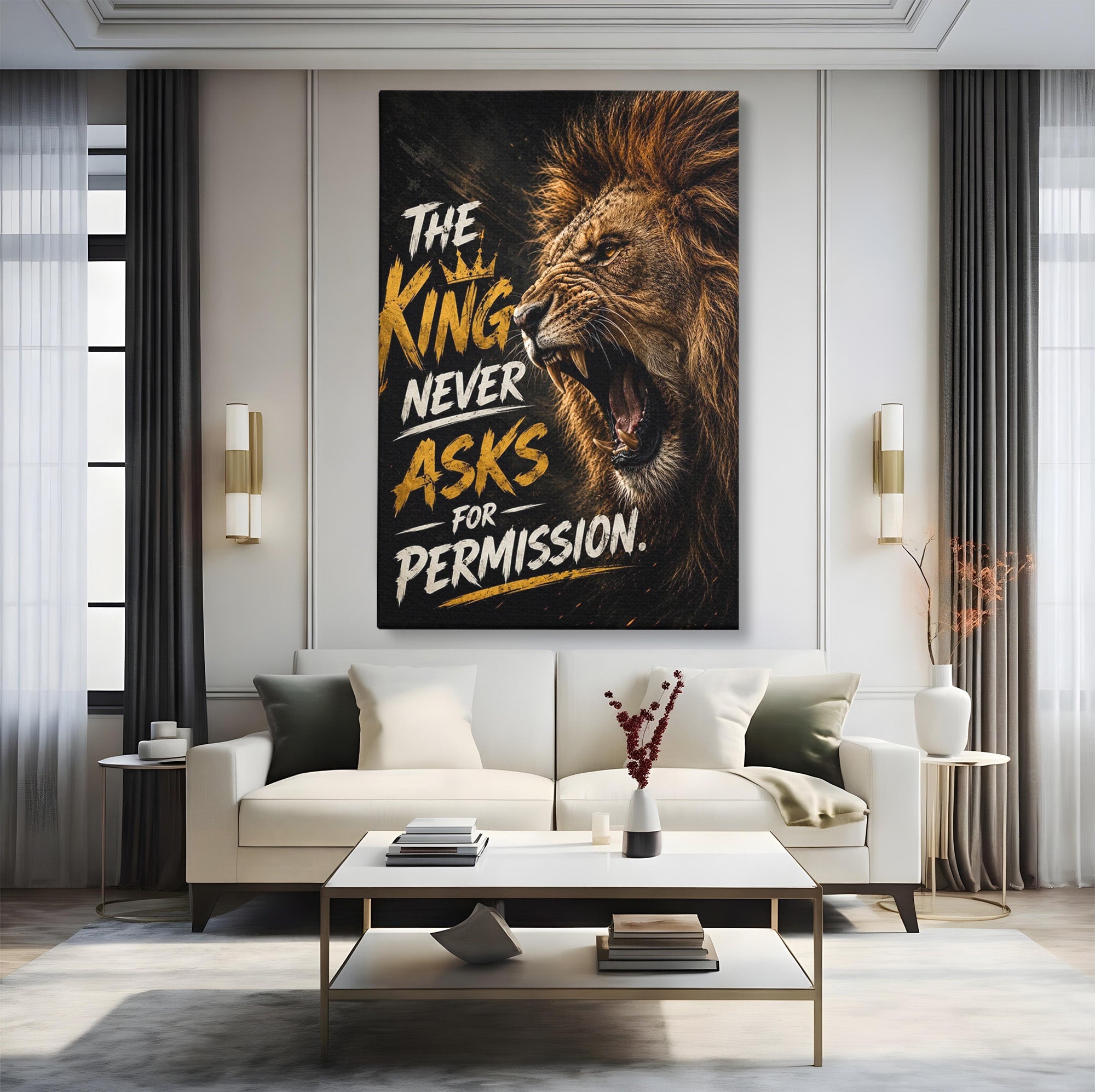 Tablou Canvas Premium LuxCanva® PI1299, Regalitatea Leului In Zori, Leu, Putere, Motivational, Animale, Birou, Culori Vibrante