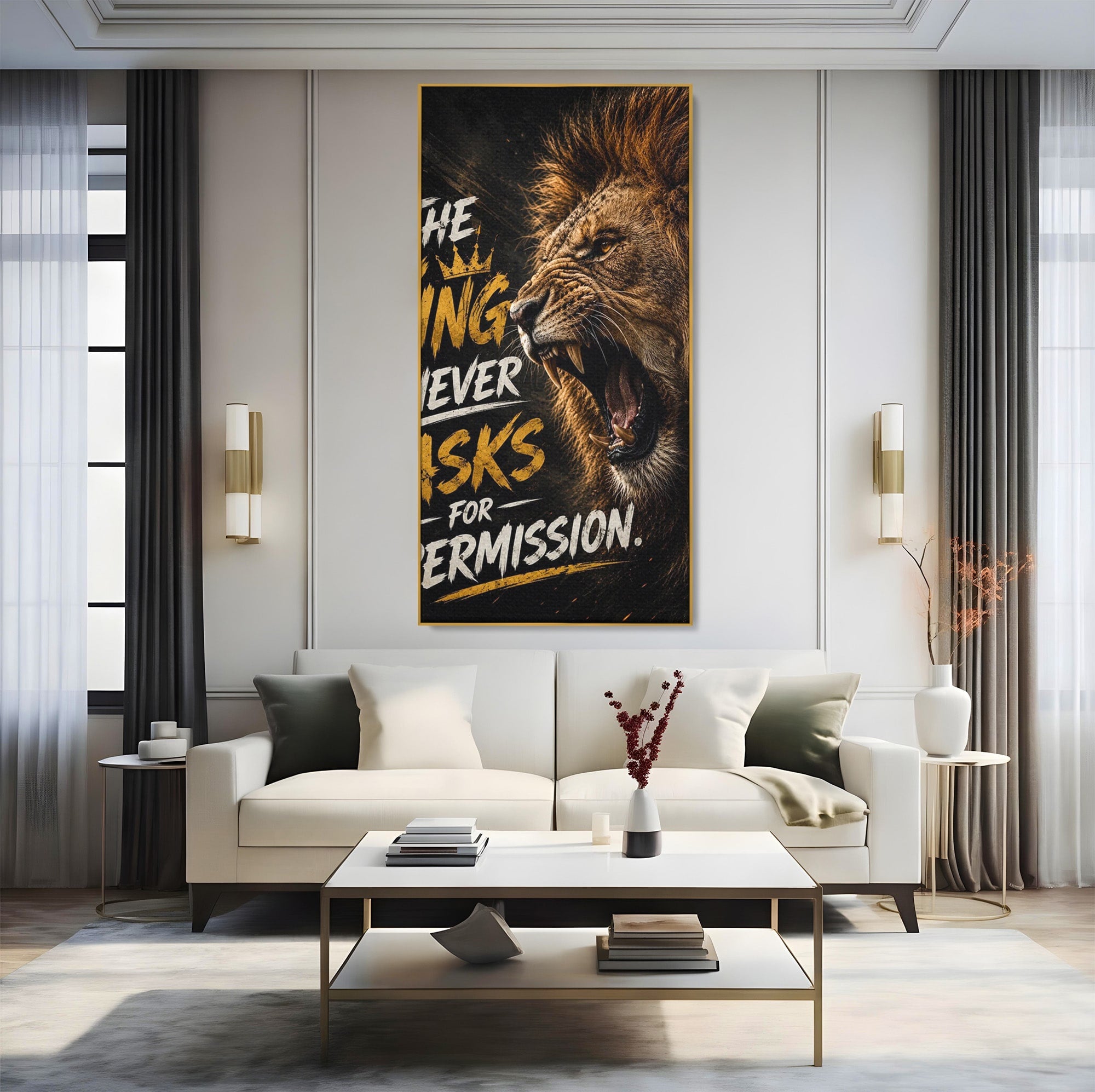 Tablou Canvas Premium LuxCanva® PI1299, Regalitatea Leului In Zori, Leu, Putere, Motivational, Animale, Birou, Culori Vibrante