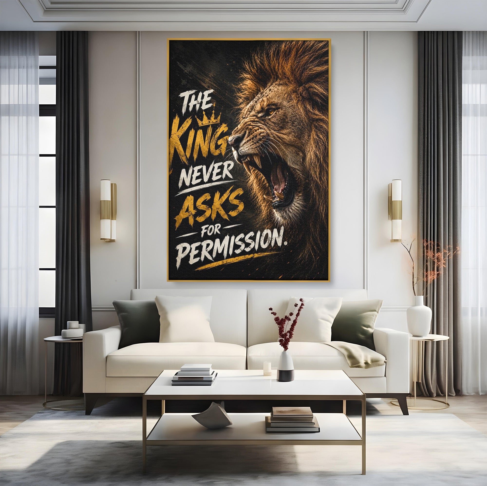 Tablou Canvas Premium LuxCanva® PI1299, Regalitatea Leului In Zori, Leu, Putere, Motivational, Animale, Birou, Culori Vibrante