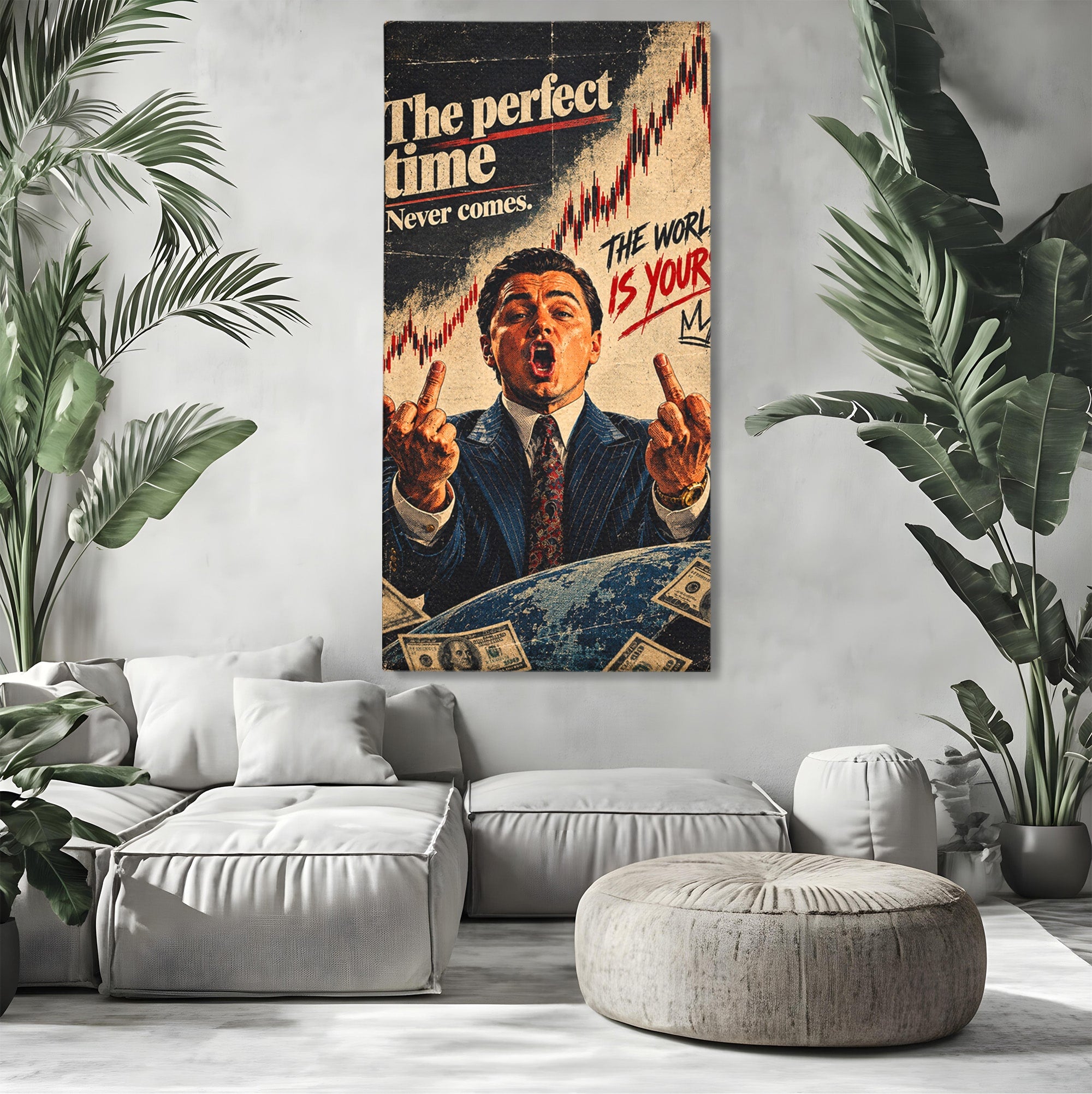 Tablou Canvas Premium LuxCanva® PI1304, Motivational Money, DiCaprio, Bani, Grafice, Birou, Inspiratie, Culori Vibrante