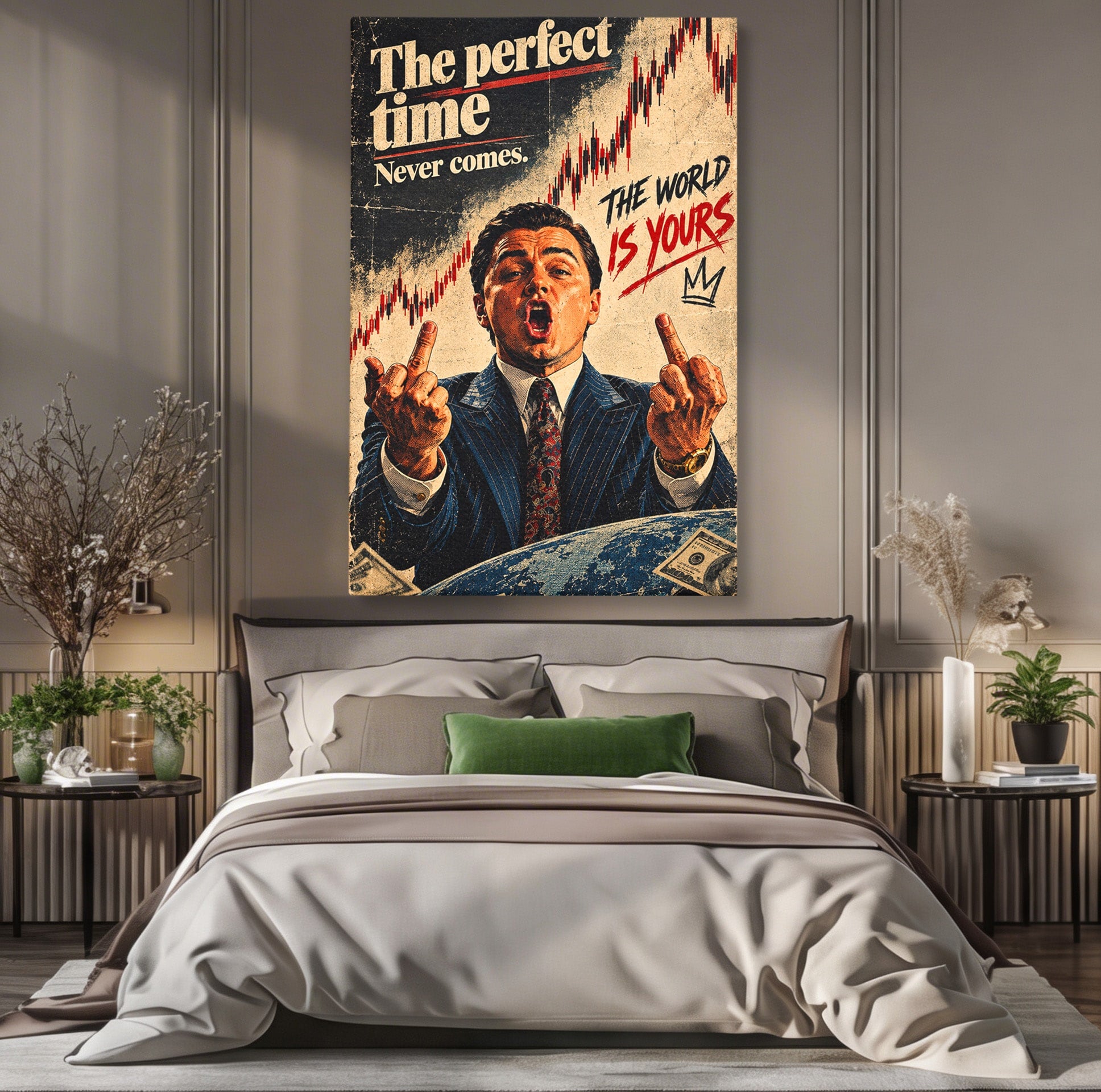 Tablou Canvas Premium LuxCanva® PI1304, Motivational Money, DiCaprio, Bani, Grafice, Birou, Inspiratie, Culori Vibrante