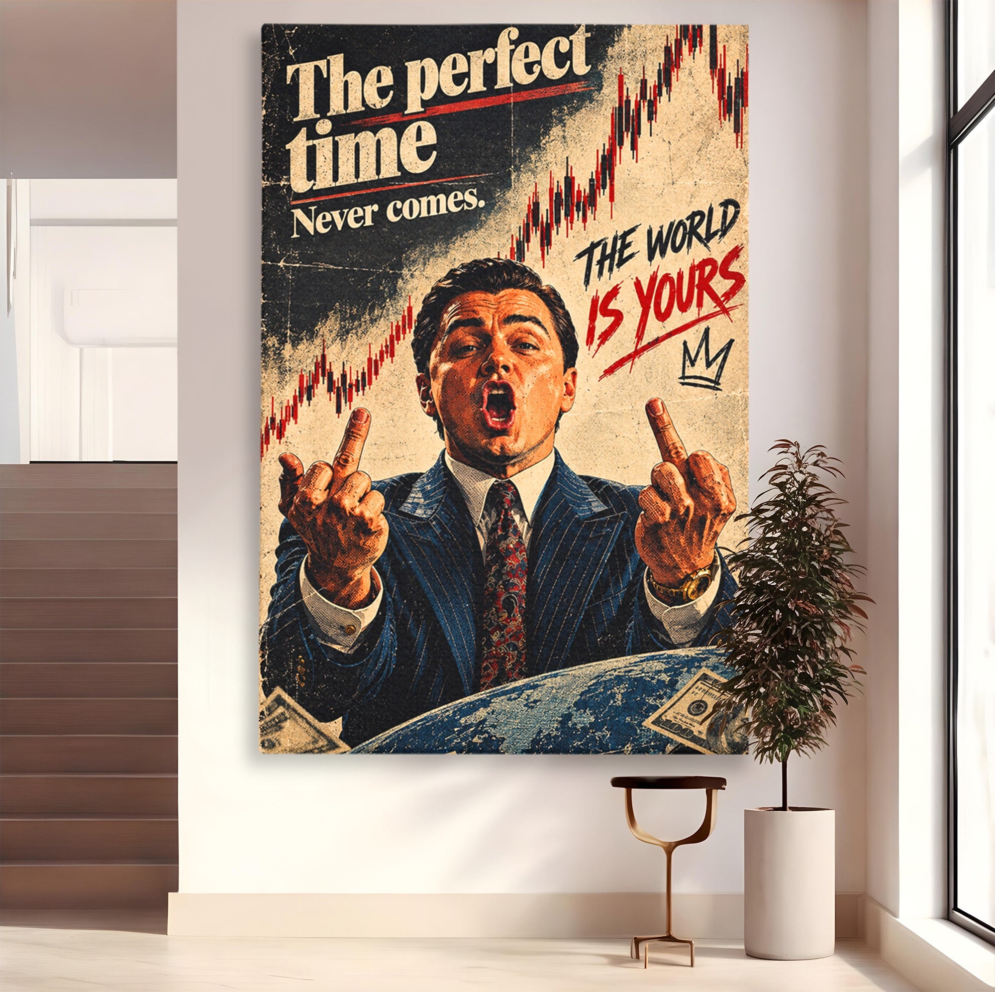 Tablou Canvas Premium LuxCanva® PI1304, Motivational Money, DiCaprio, Bani, Grafice, Birou, Inspiratie, Culori Vibrante