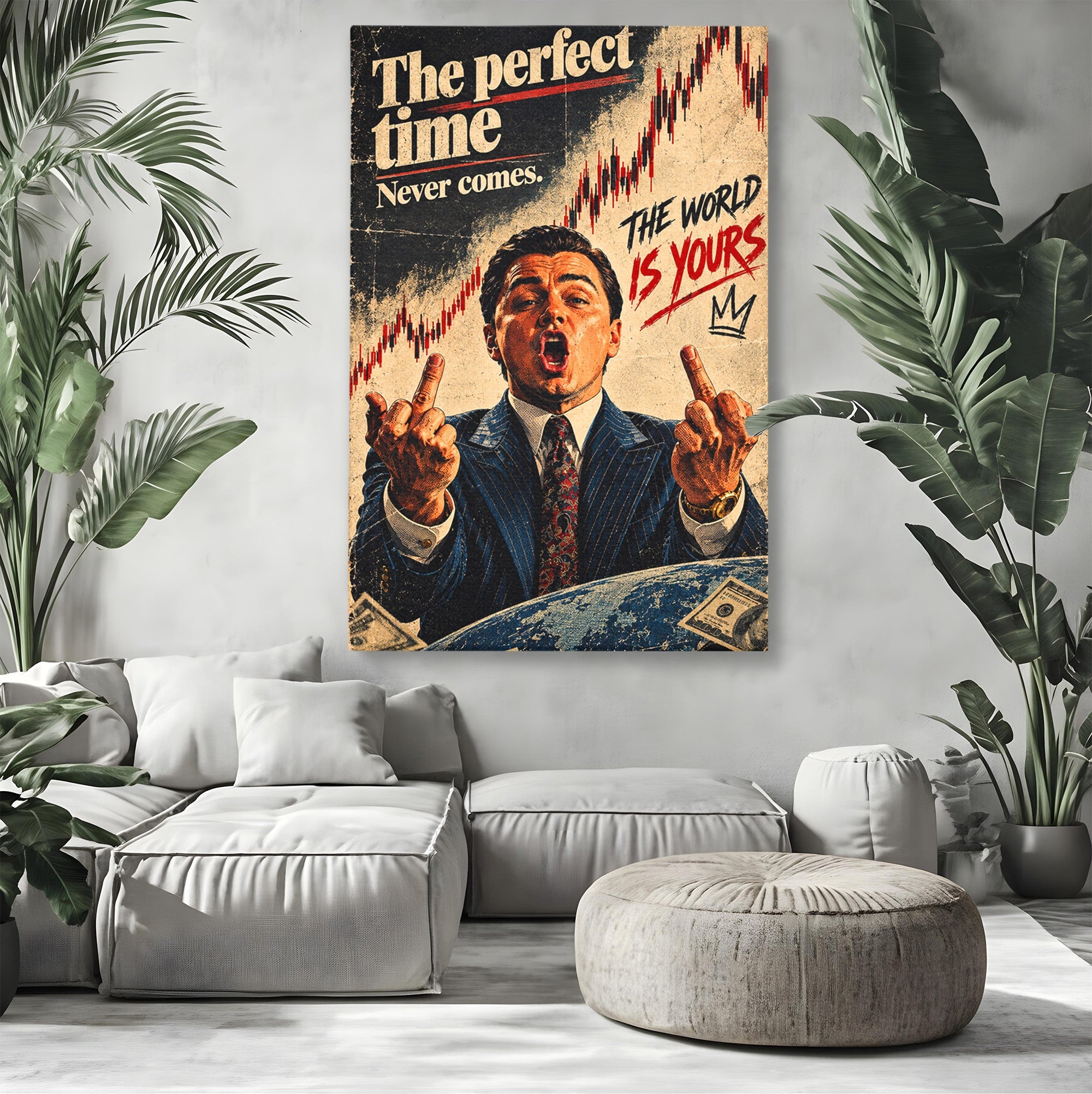 Tablou Canvas Premium LuxCanva® PI1304, Motivational Money, DiCaprio, Bani, Grafice, Birou, Inspiratie, Culori Vibrante