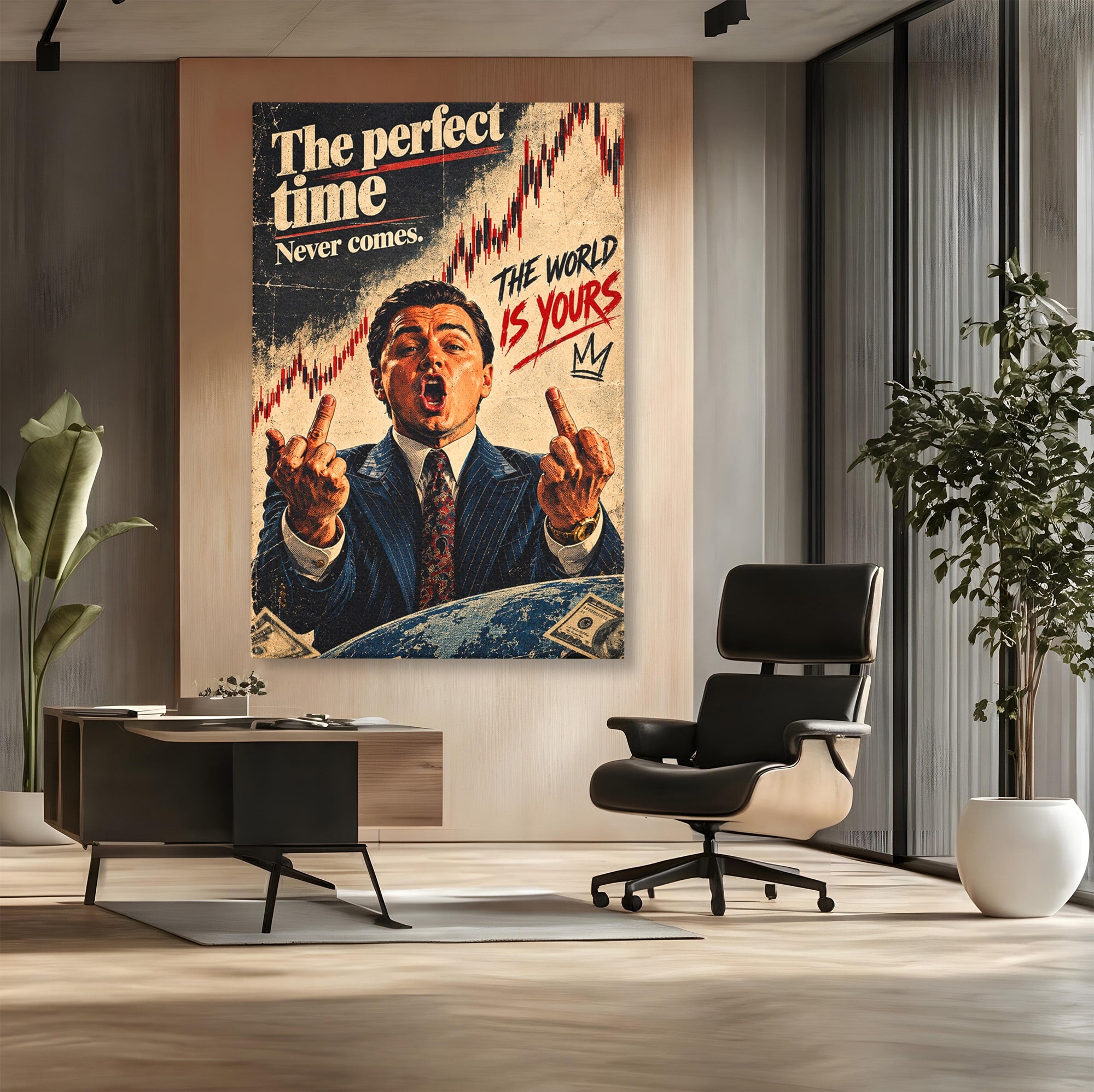 Tablou Canvas Premium LuxCanva® PI1304, Motivational Money, DiCaprio, Bani, Grafice, Birou, Inspiratie, Culori Vibrante