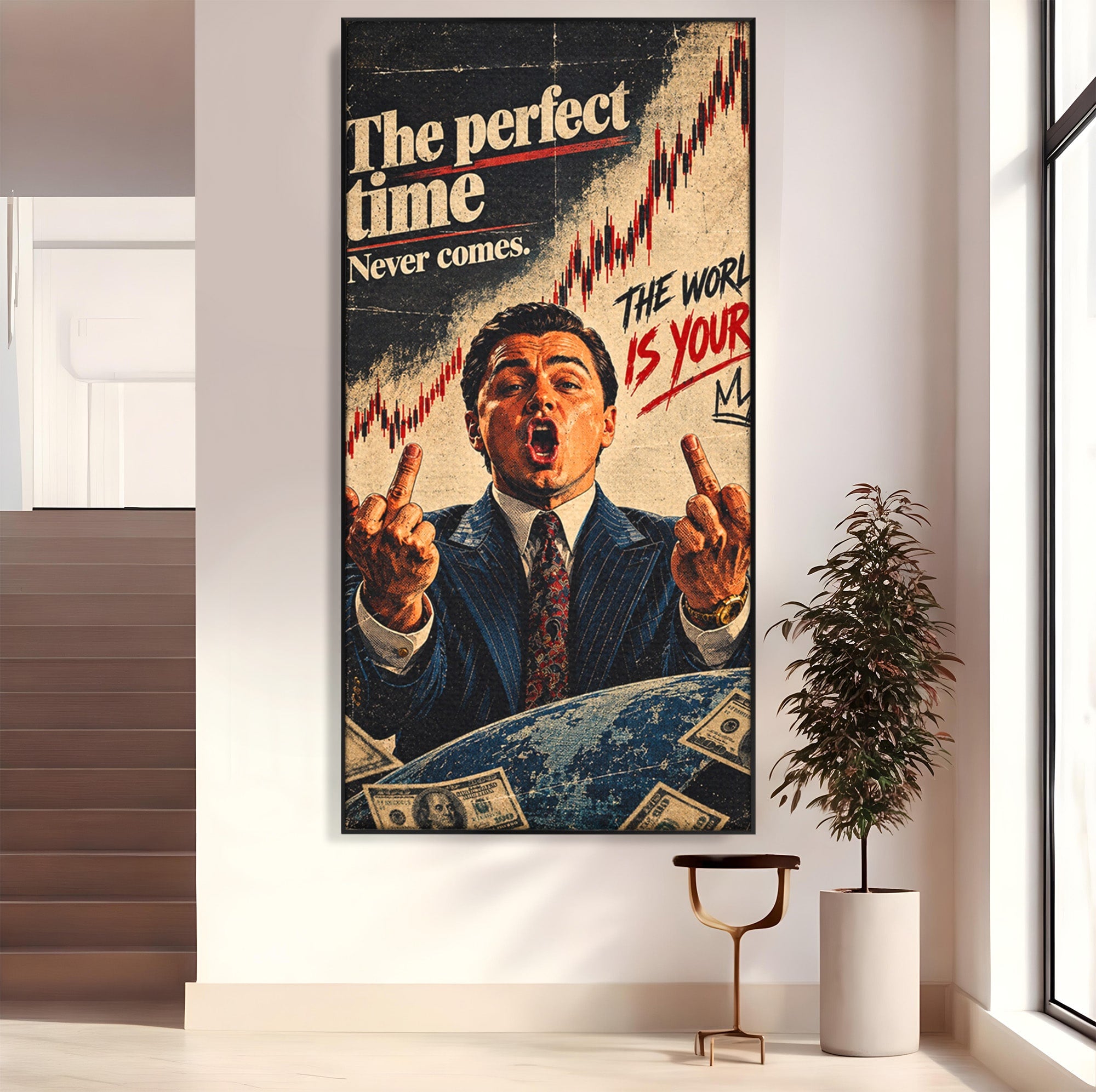 Tablou Canvas Premium LuxCanva® PI1304, Motivational Money, DiCaprio, Bani, Grafice, Birou, Inspiratie, Culori Vibrante