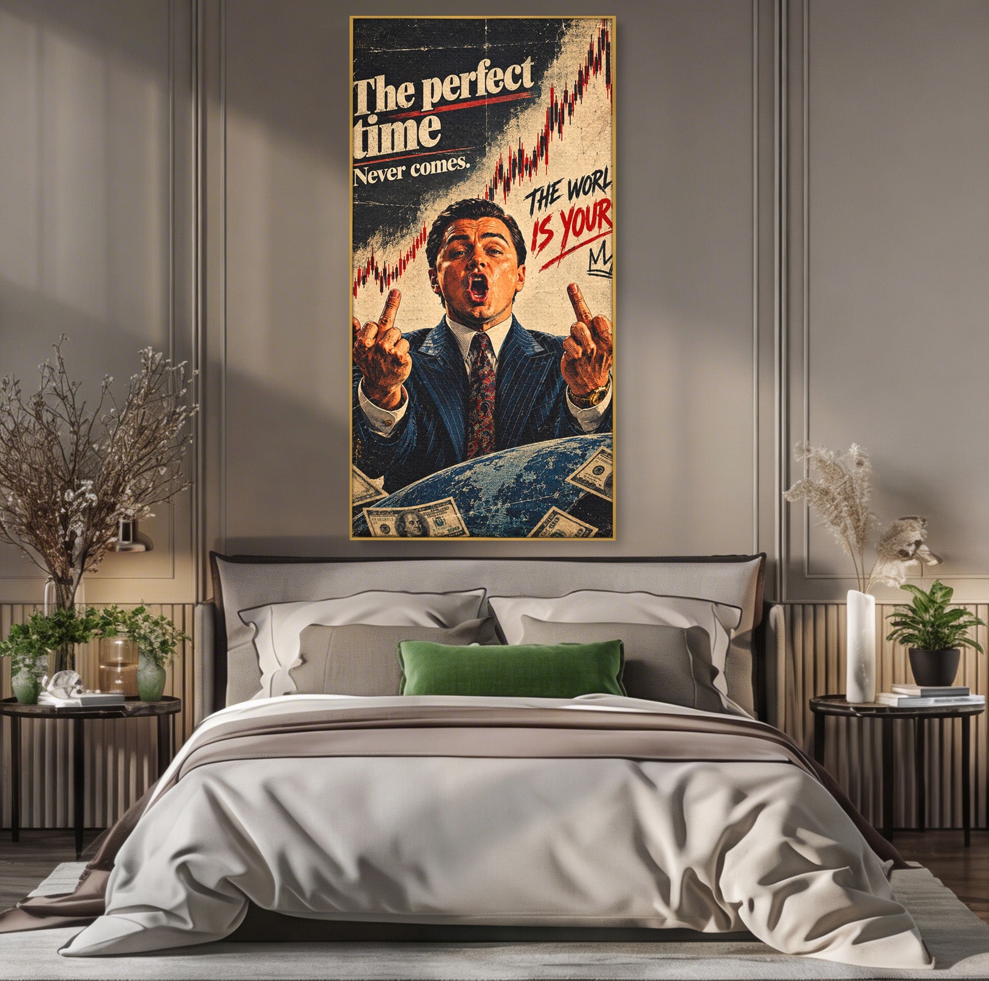 Tablou Canvas Premium LuxCanva® PI1304, Motivational Money, DiCaprio, Bani, Grafice, Birou, Inspiratie, Culori Vibrante