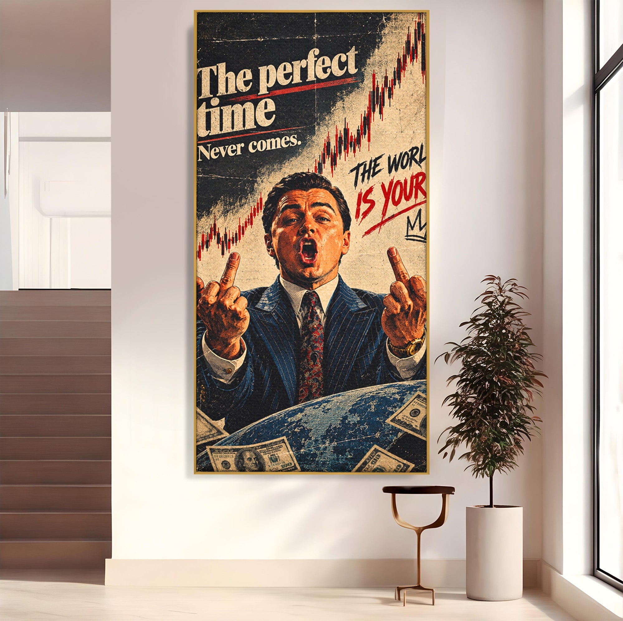 Tablou Canvas Premium LuxCanva® PI1304, Motivational Money, DiCaprio, Bani, Grafice, Birou, Inspiratie, Culori Vibrante