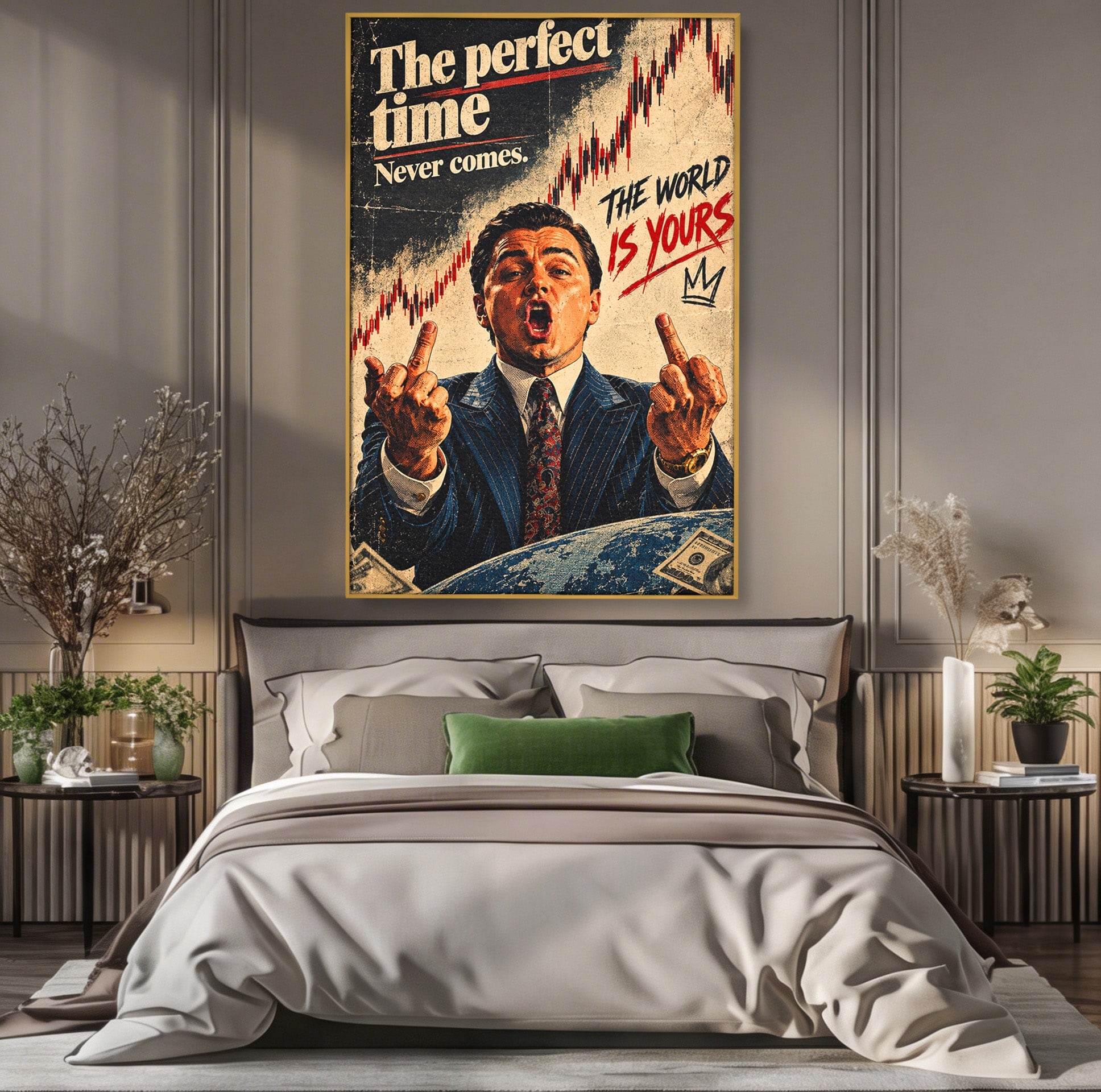 Tablou Canvas Premium LuxCanva® PI1304, Motivational Money, DiCaprio, Bani, Grafice, Birou, Inspiratie, Culori Vibrante