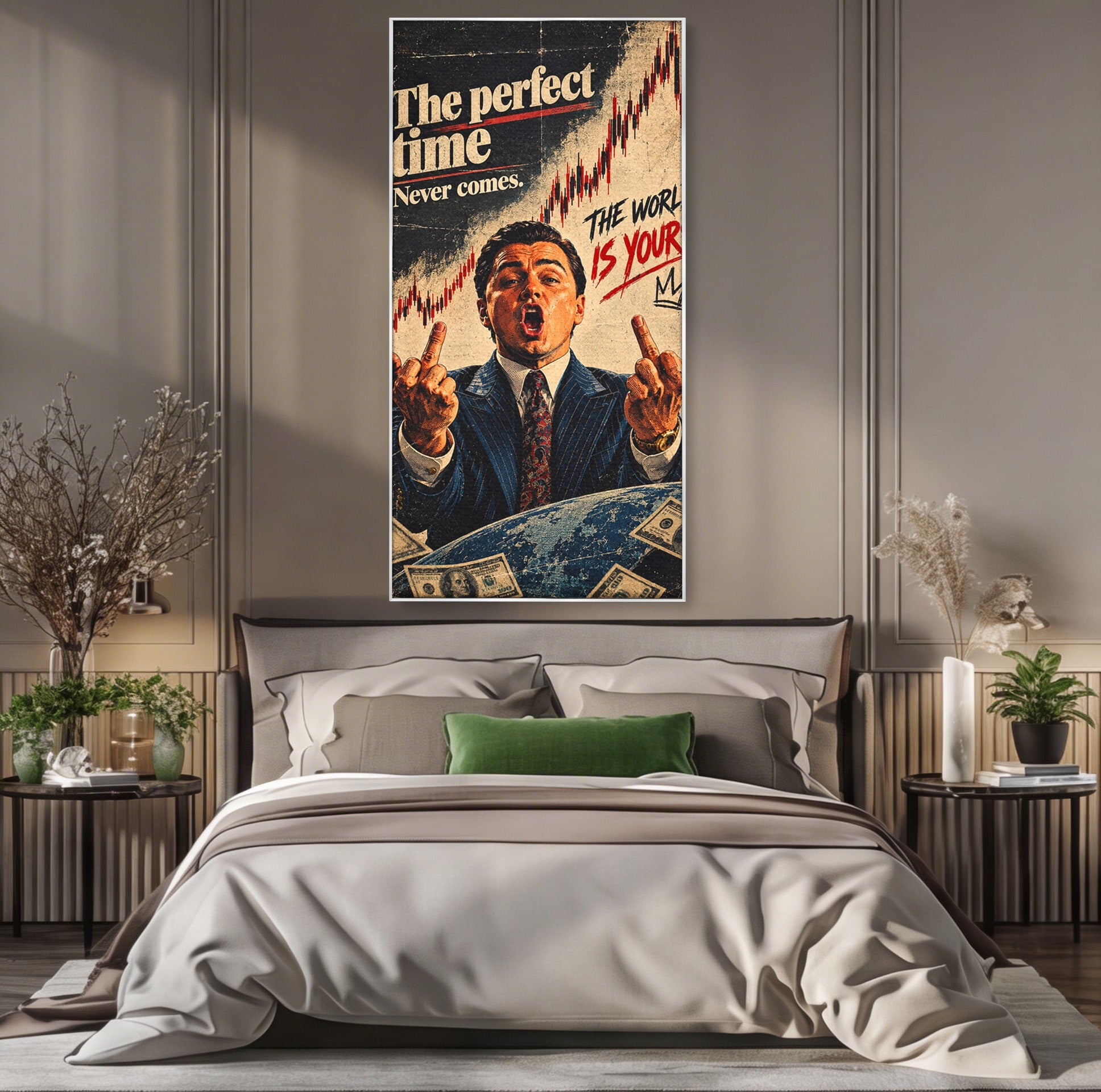 Tablou Canvas Premium LuxCanva® PI1304, Motivational Money, DiCaprio, Bani, Grafice, Birou, Inspiratie, Culori Vibrante