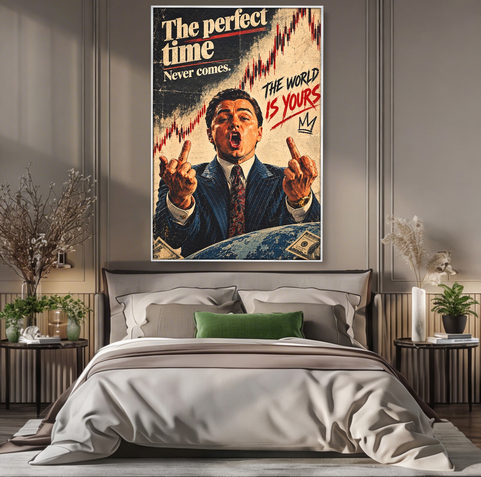 Tablou Canvas Premium LuxCanva® PI1304, Motivational Money, DiCaprio, Bani, Grafice, Birou, Inspiratie, Culori Vibrante