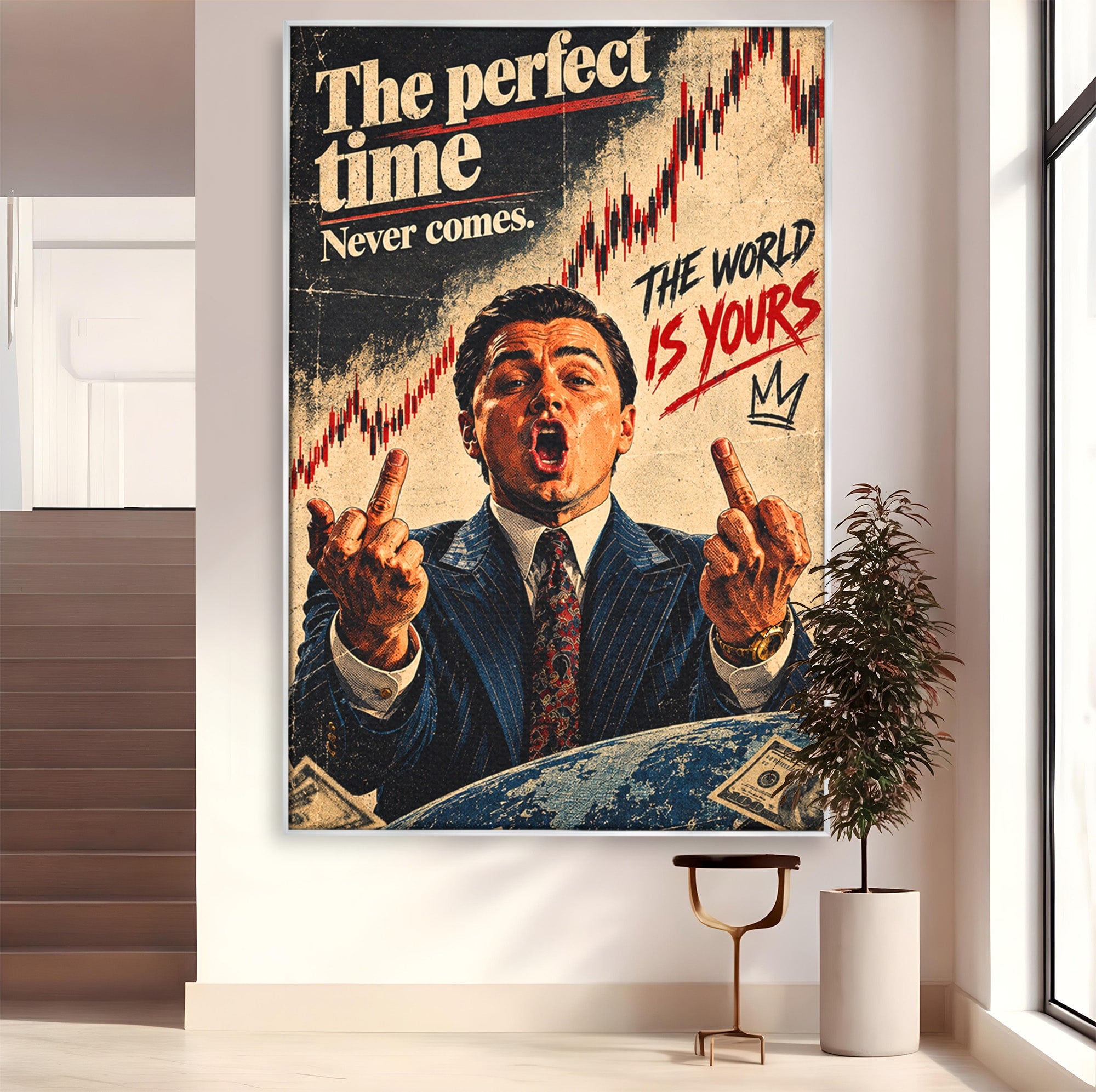 Tablou Canvas Premium LuxCanva® PI1304, Motivational Money, DiCaprio, Bani, Grafice, Birou, Inspiratie, Culori Vibrante