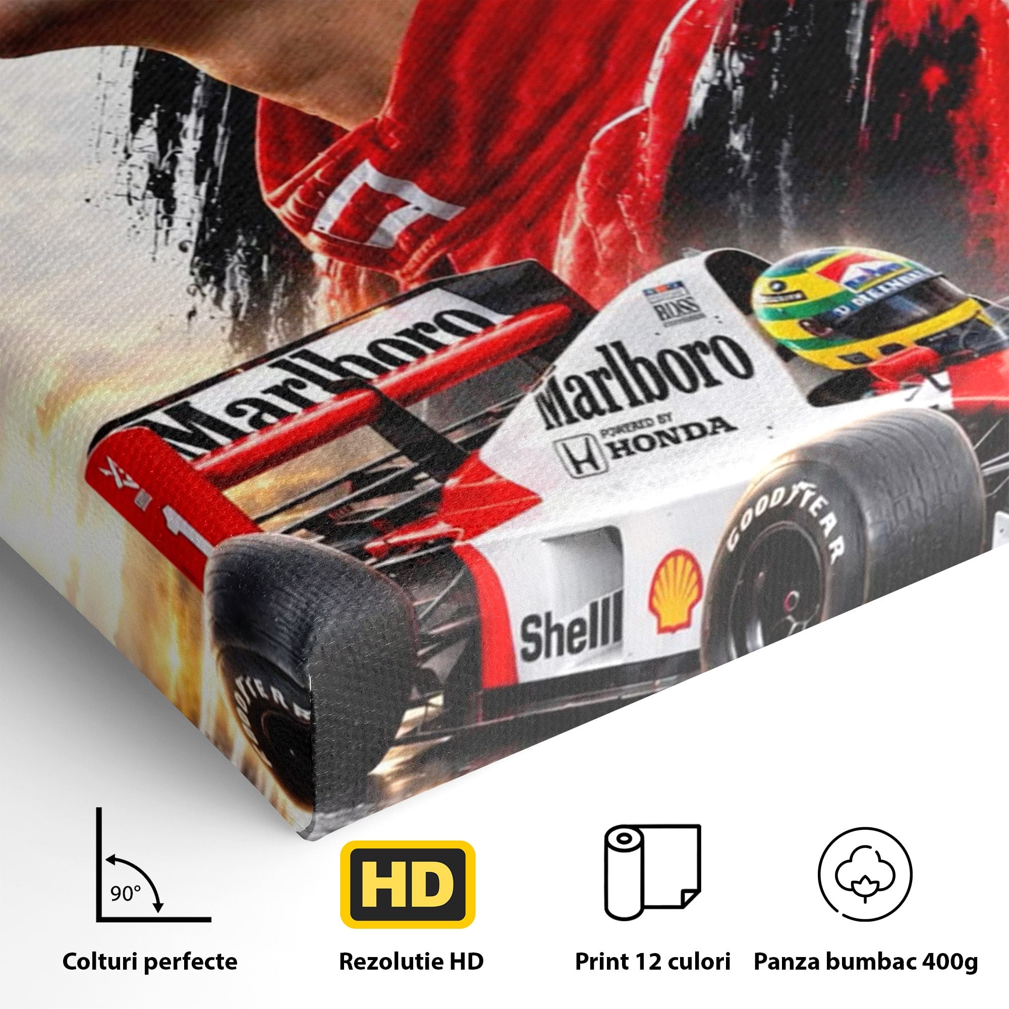 Tablou Canvas Premium LuxCanva® PI1306, Legenda Ayrton Senna, Sportiv, Formula 1, Masina, Motorsport, Birou, Culori Vibrante