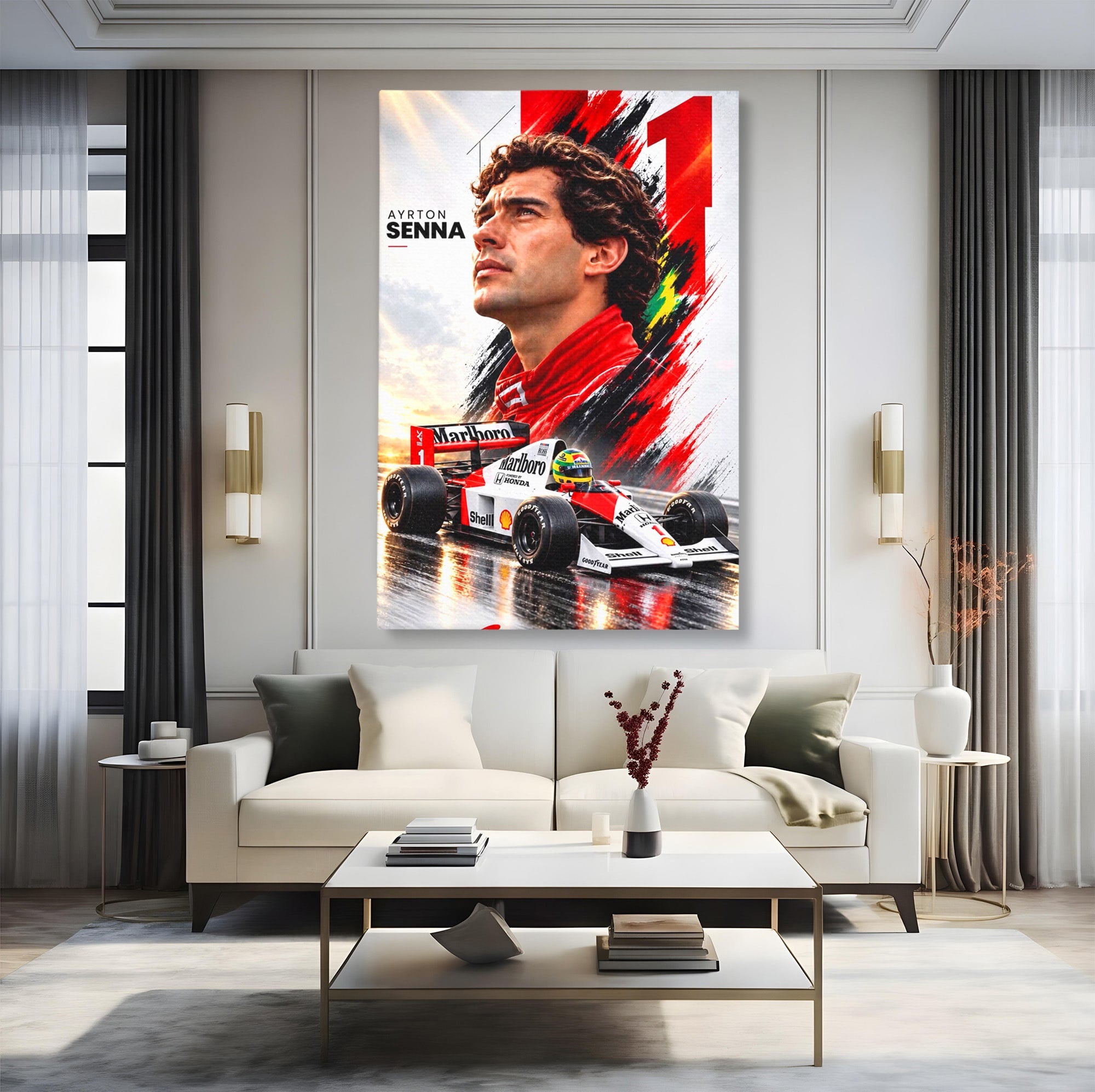 Tablou Canvas Premium LuxCanva® PI1306, Legenda Ayrton Senna, Sportiv, Formula 1, Masina, Motorsport, Birou, Culori Vibrante