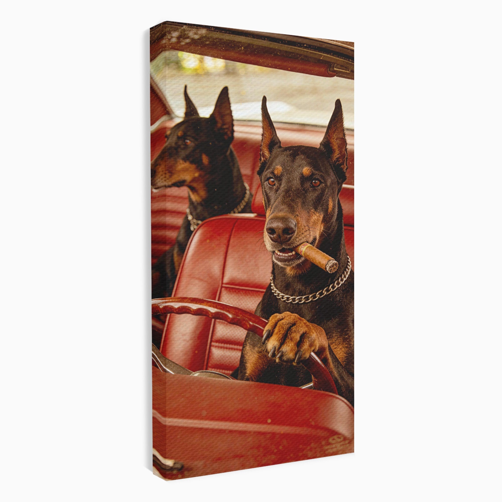 Tablou Canvas Premium LuxCanva® PI1307, Dobermani In Masina, Caini, Automobil, Trabuc, Stil Retro, Living, Culori Vibrante