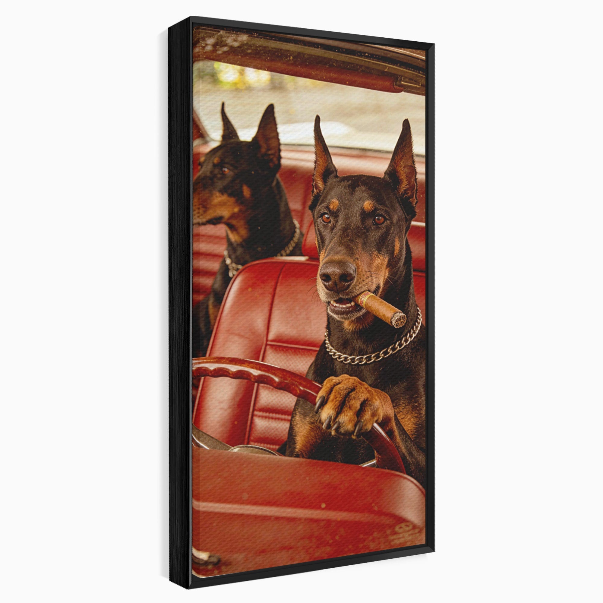 Tablou Canvas Premium LuxCanva® PI1307, Dobermani In Masina, Caini, Automobil, Trabuc, Stil Retro, Living, Culori Vibrante