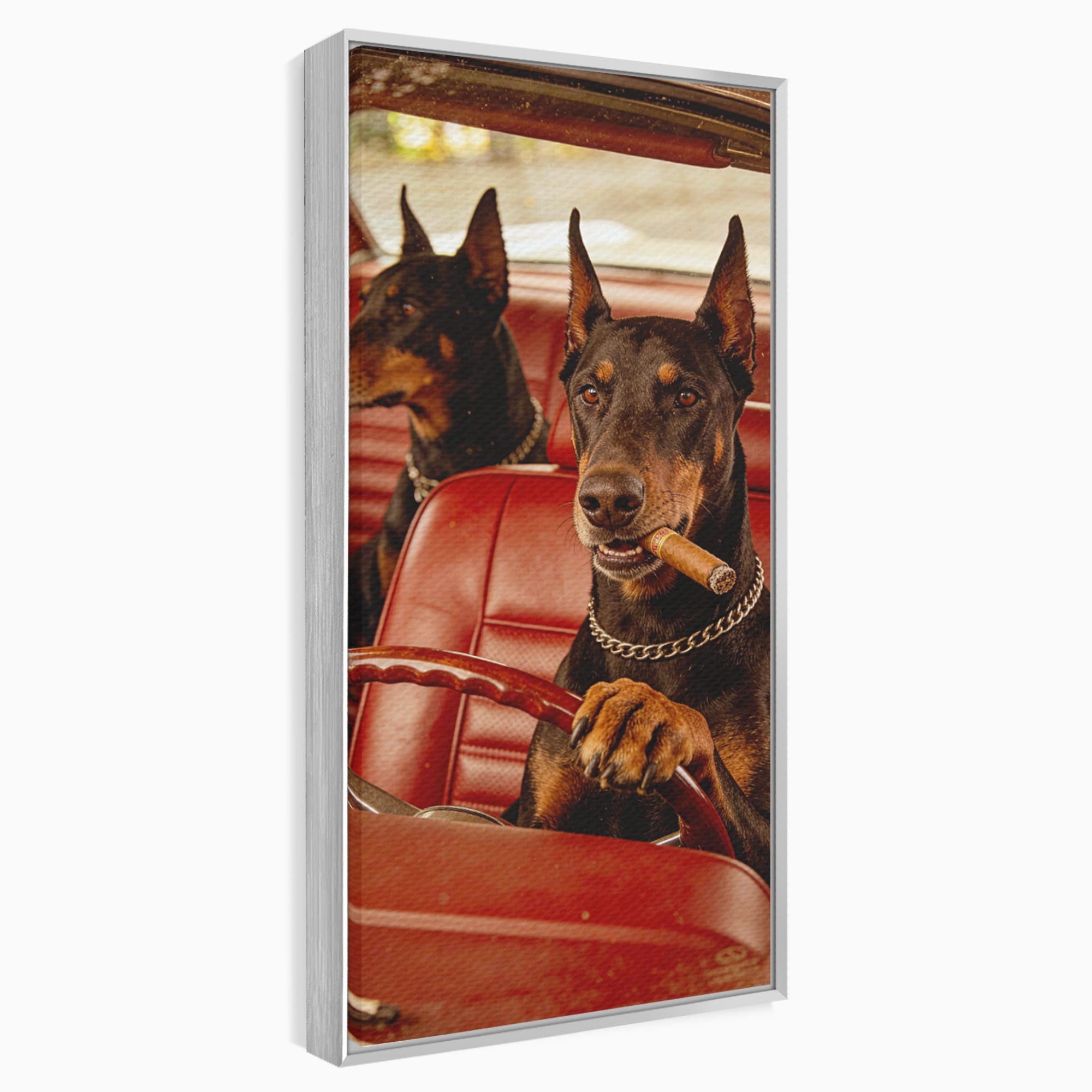 Tablou Canvas Premium LuxCanva® PI1307, Dobermani In Masina, Caini, Automobil, Trabuc, Stil Retro, Living, Culori Vibrante