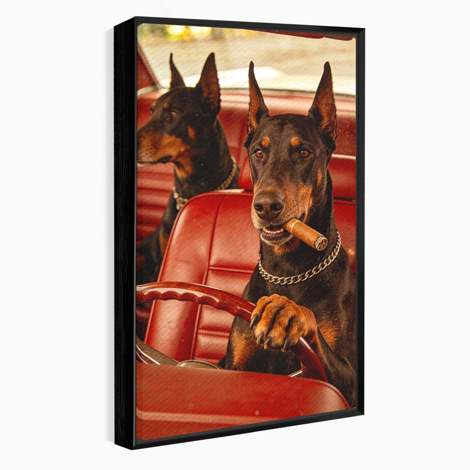 Tablou Canvas Premium LuxCanva® PI1307, Dobermani In Masina, Caini, Automobil, Trabuc, Stil Retro, Living, Culori Vibrante