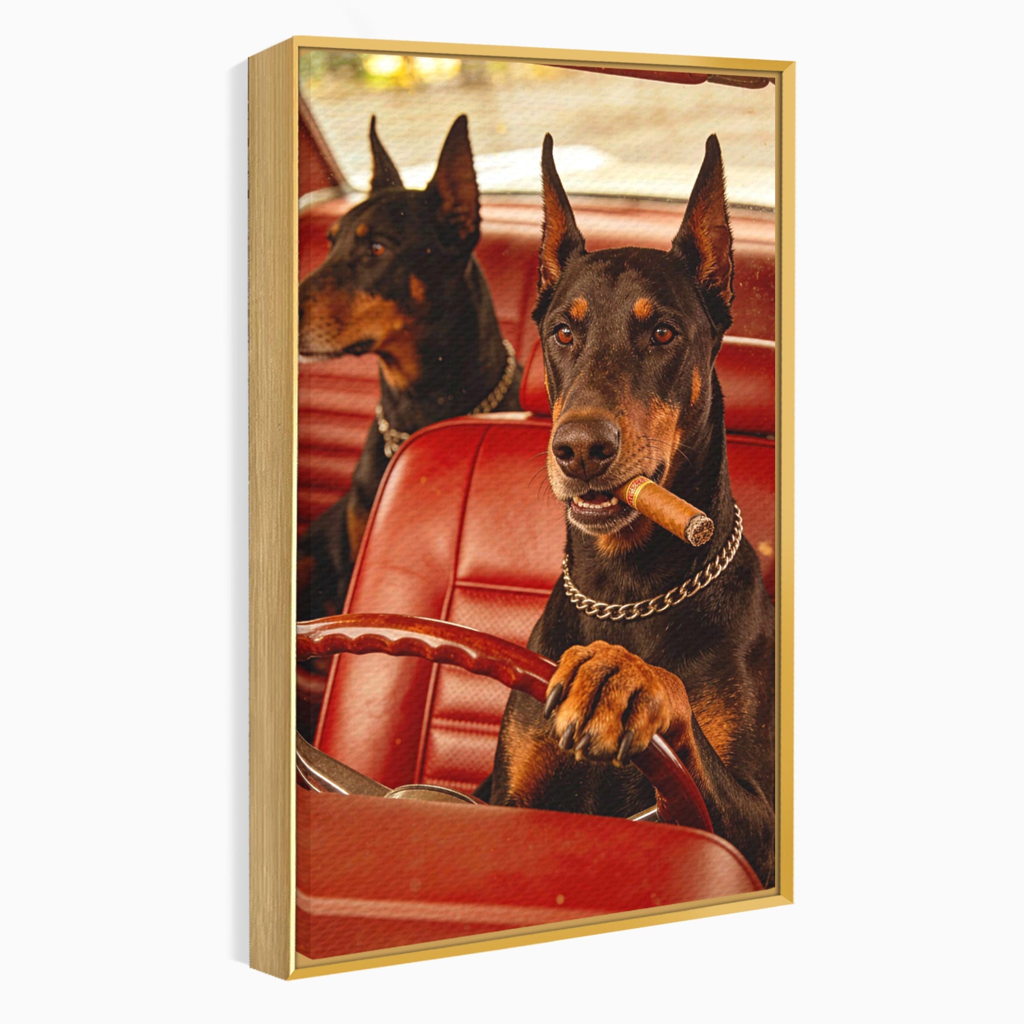Tablou Canvas Premium LuxCanva® PI1307, Dobermani In Masina, Caini, Automobil, Trabuc, Stil Retro, Living, Culori Vibrante