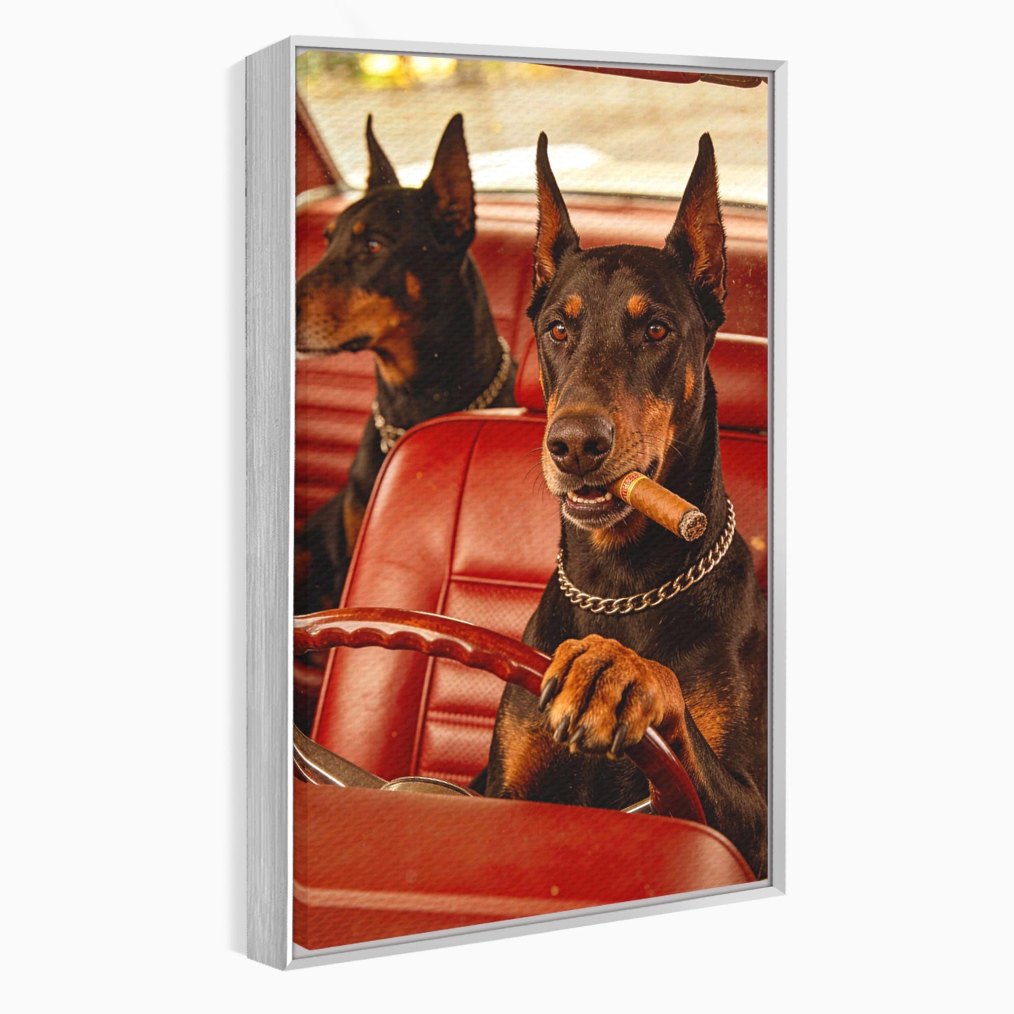 Tablou Canvas Premium LuxCanva® PI1307, Dobermani In Masina, Caini, Automobil, Trabuc, Stil Retro, Living, Culori Vibrante
