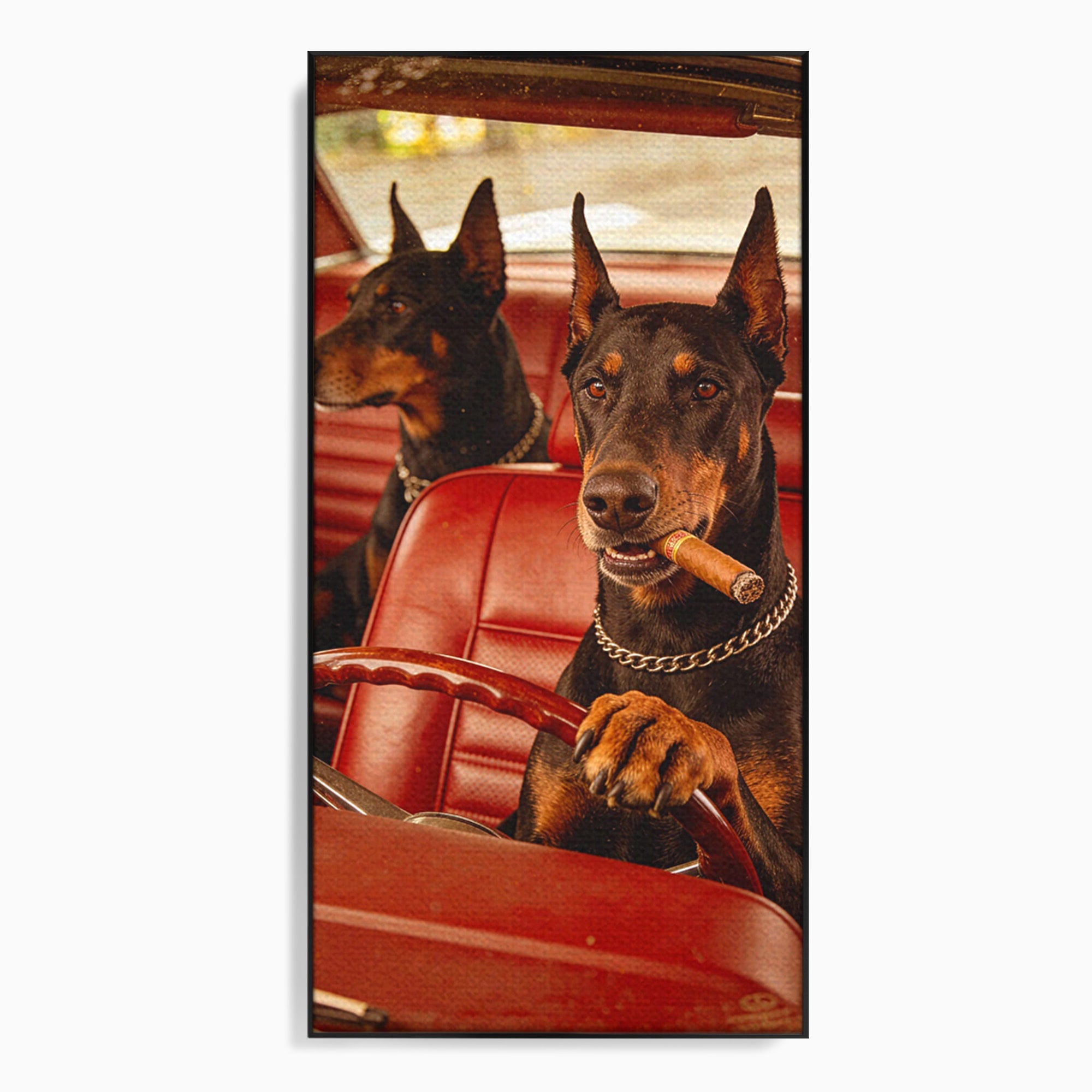 Tablou Canvas Premium LuxCanva® PI1307, Dobermani In Masina, Caini, Automobil, Trabuc, Stil Retro, Living, Culori Vibrante