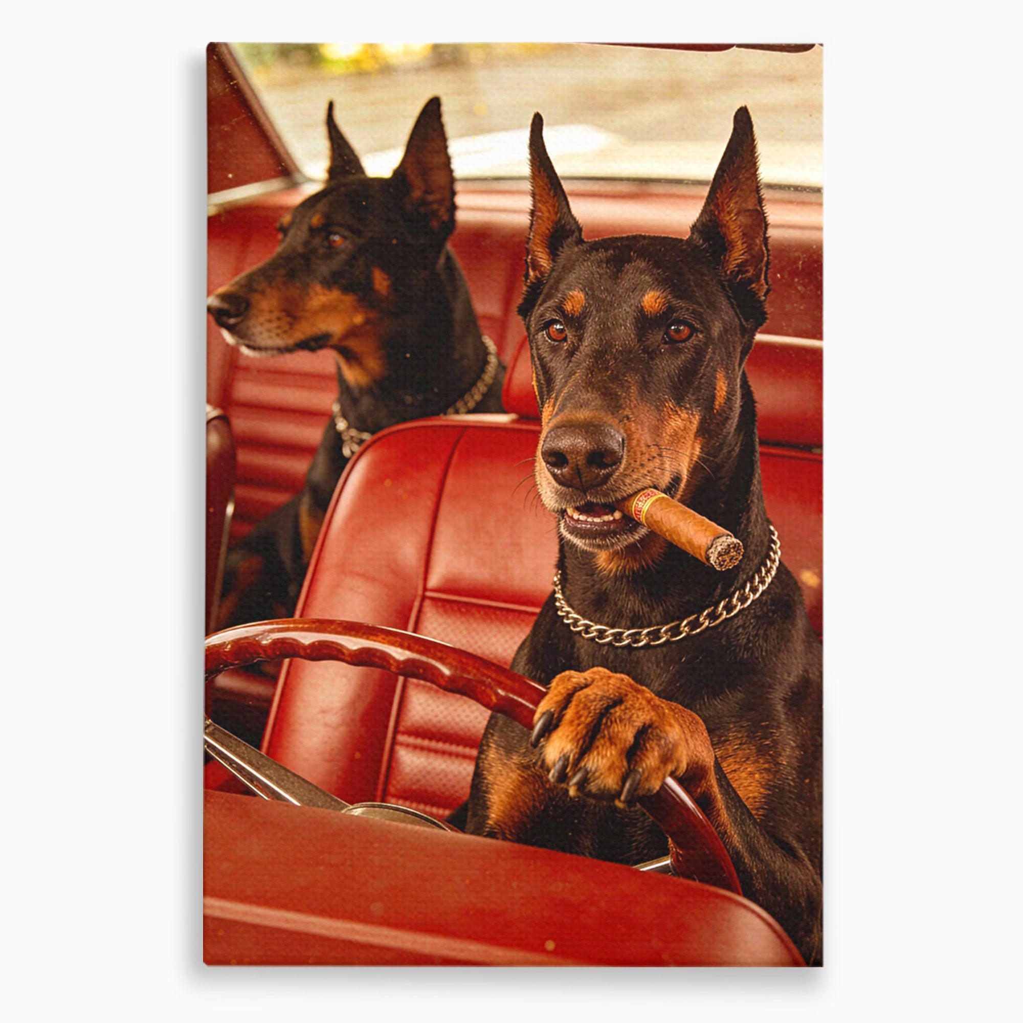 Tablou Canvas Premium LuxCanva® PI1307, Dobermani In Masina, Caini, Automobil, Trabuc, Stil Retro, Living, Culori Vibrante