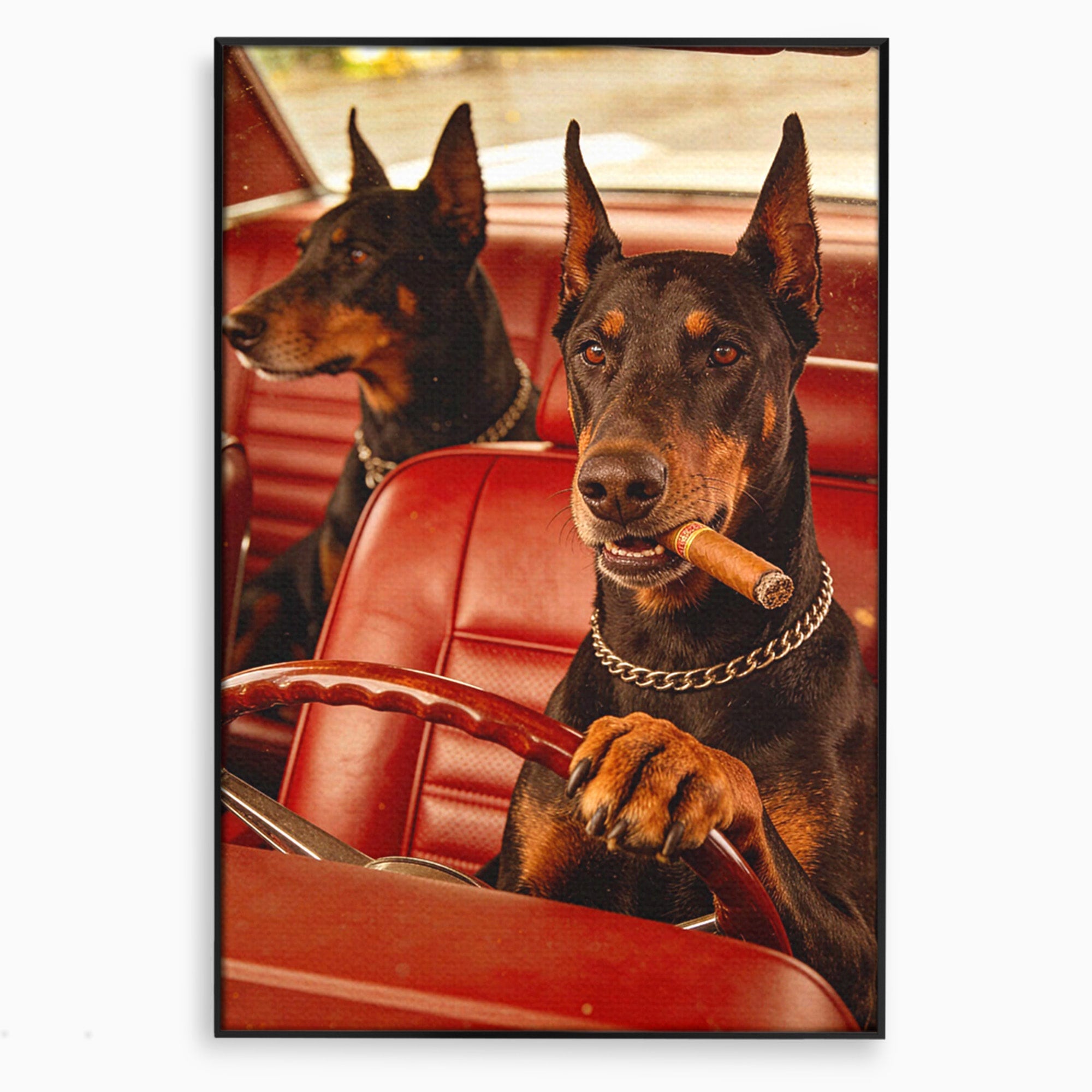 Tablou Canvas Premium LuxCanva® PI1307, Dobermani In Masina, Caini, Automobil, Trabuc, Stil Retro, Living, Culori Vibrante