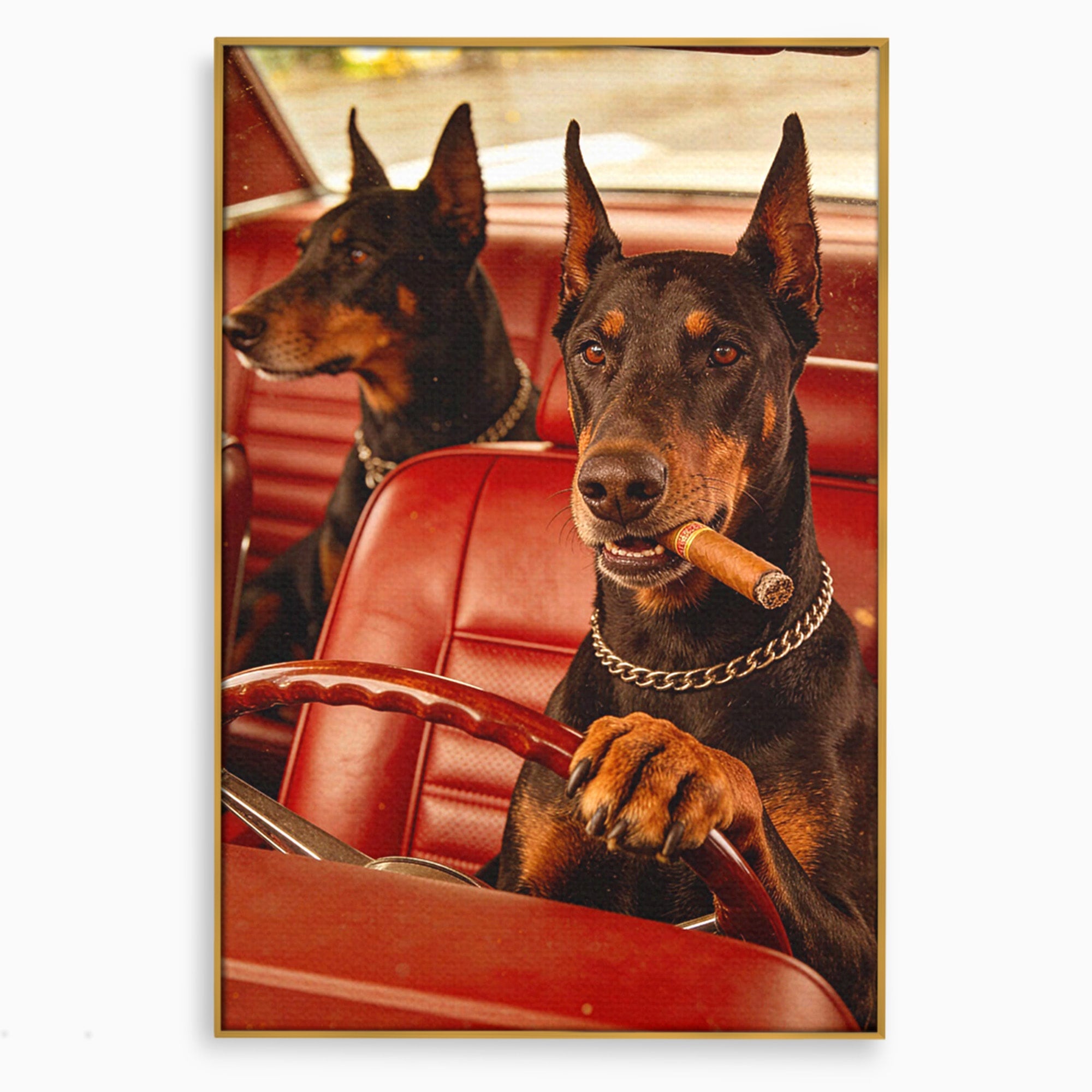 Tablou Canvas Premium LuxCanva® PI1307, Dobermani In Masina, Caini, Automobil, Trabuc, Stil Retro, Living, Culori Vibrante